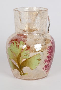 Moser Bohemian Craquel Glass Jug with Enameled Seaweed Designs