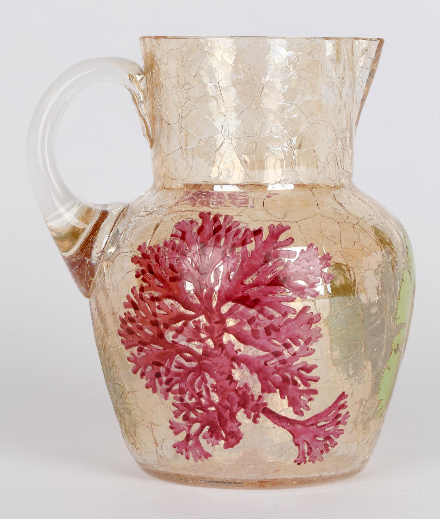 Art Nouveau Moser Bohemian Craquel Glass Jug with Enameled Seaweed Designs