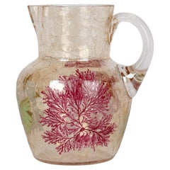 Moser Bohemian Craquel Glass Jug with Enameled Seaweed Designs