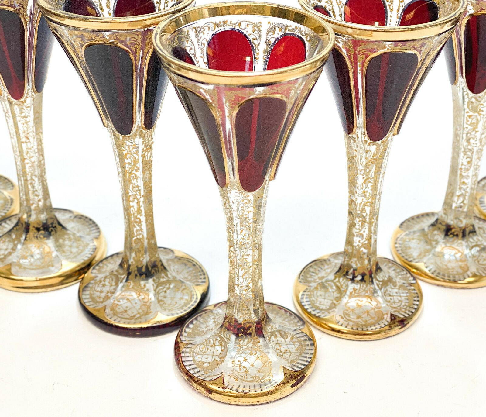 European Moser Cabochon & Raised Gilt Garnet Red to Clear Glass Claret Wine Goblets For Sale