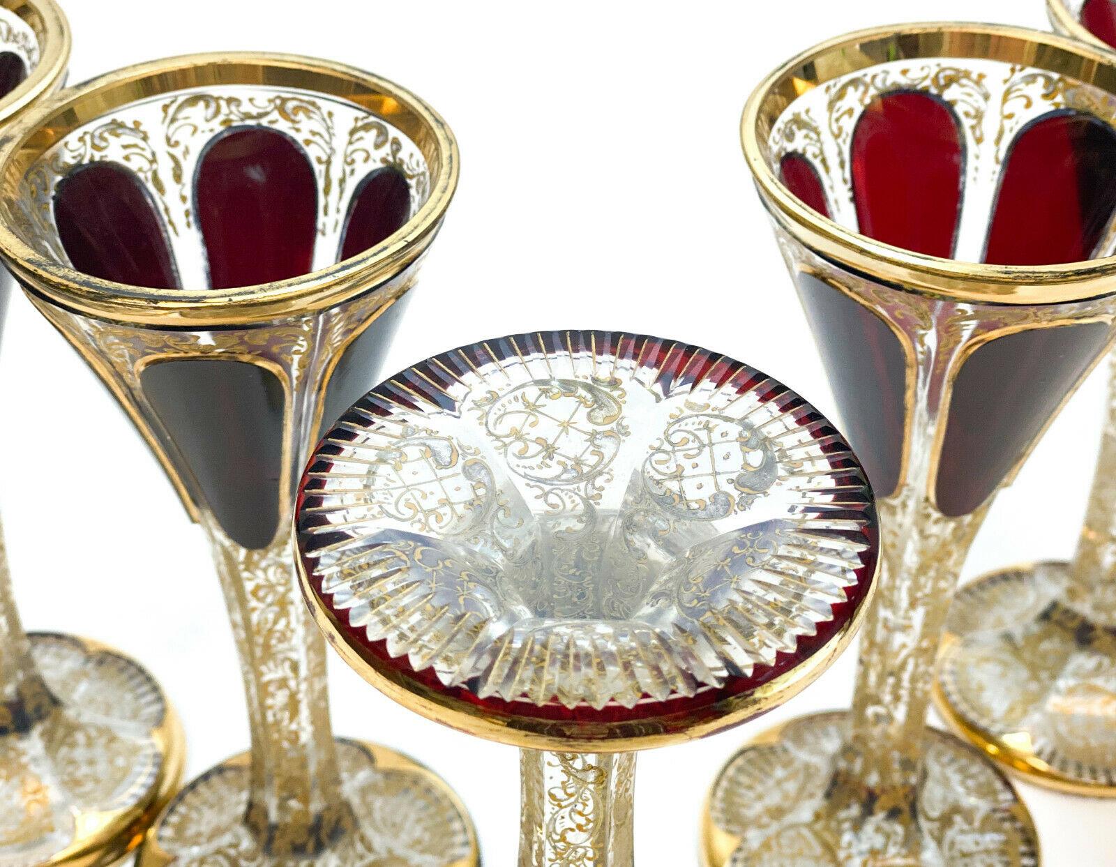 Moser Cabochon & Raised Gilt Garnet Red to Clear Glass Claret Wine Goblets In Good Condition For Sale In Pasadena, CA