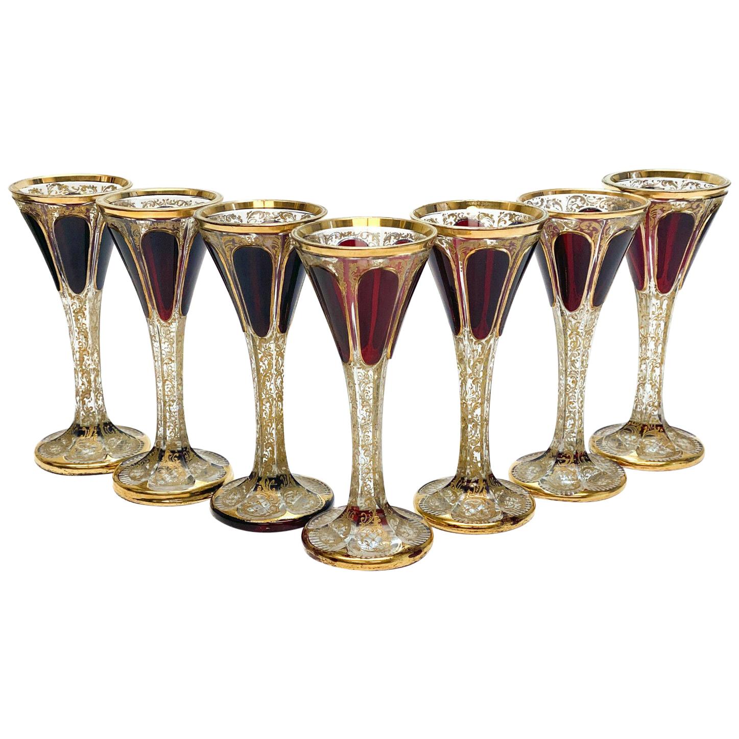 Moser Cabochon & Raised Gilt Garnet Red to Clear Glass Claret Wine Goblets For Sale