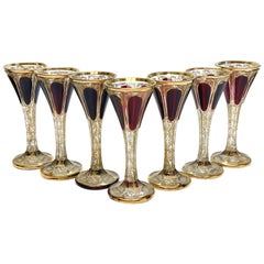 Antique Moser Cabochon & Raised Gilt Garnet Red to Clear Glass Claret Wine Goblets