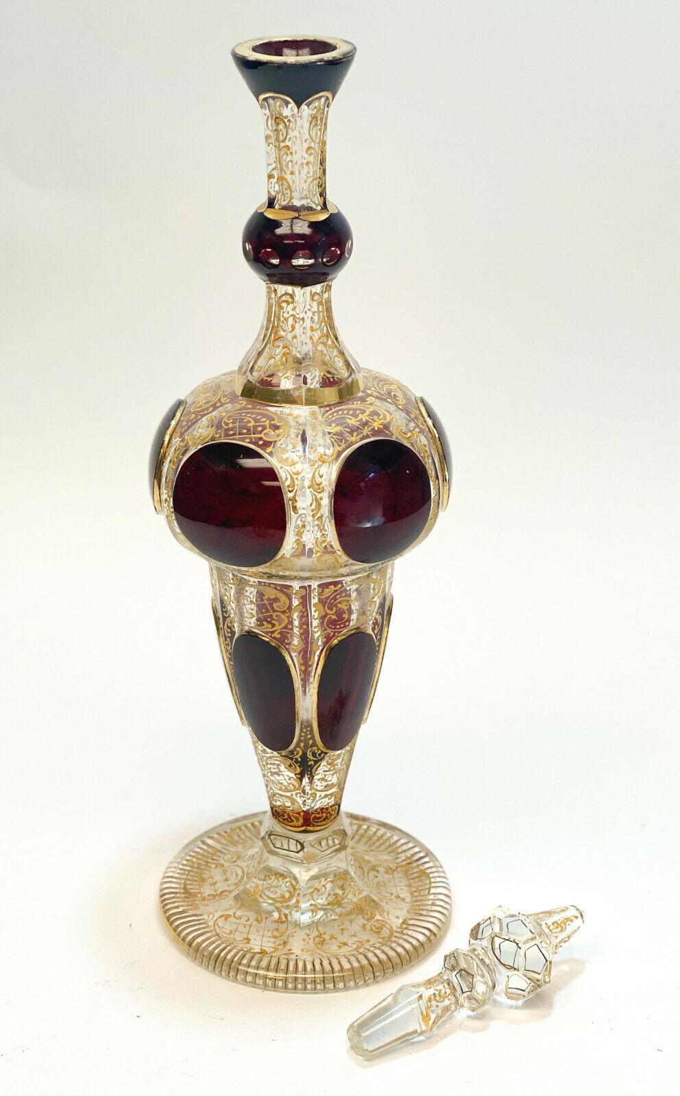 Moser Cabochon & Raised Gilt Garnet Red to Clear Glass Liquor Set In Good Condition For Sale In Pasadena, CA