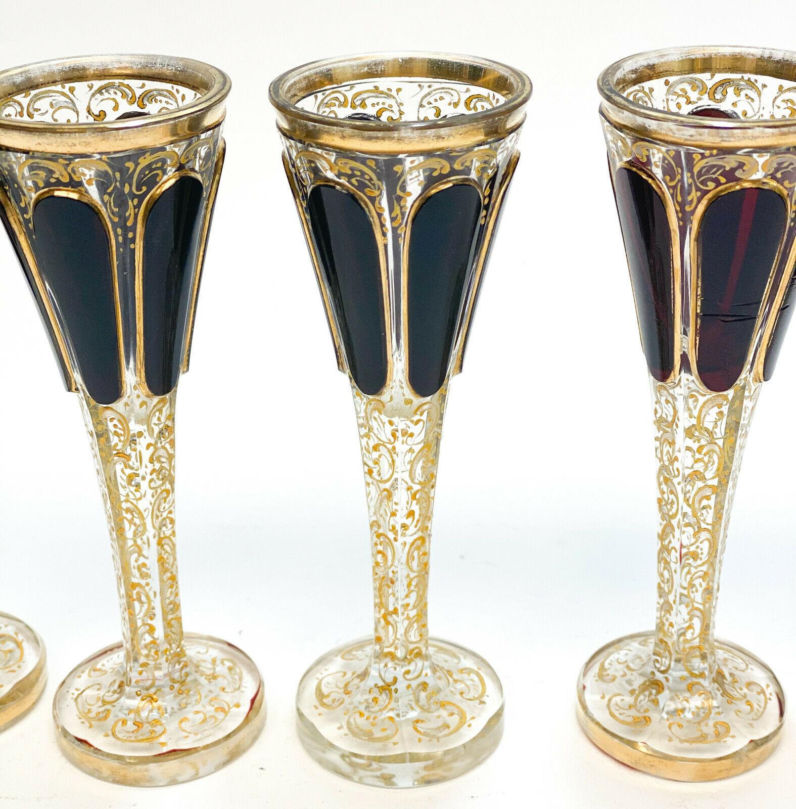 Early 20th Century Moser Cabochon & Raised Gilt Garnet Red to Clear Glass Liquor Set For Sale