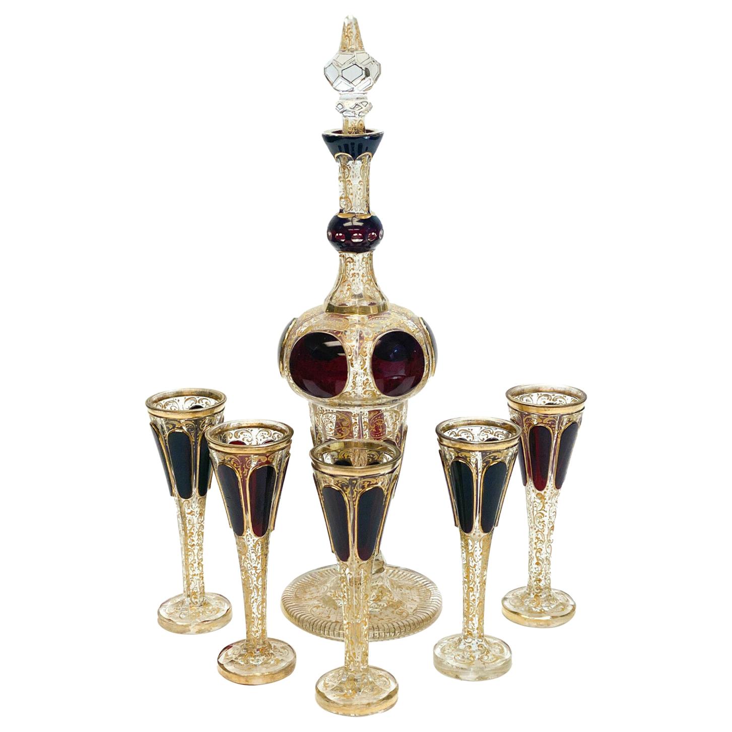 Moser Cabochon & Raised Gilt Garnet Red to Clear Glass Liquor Set For Sale
