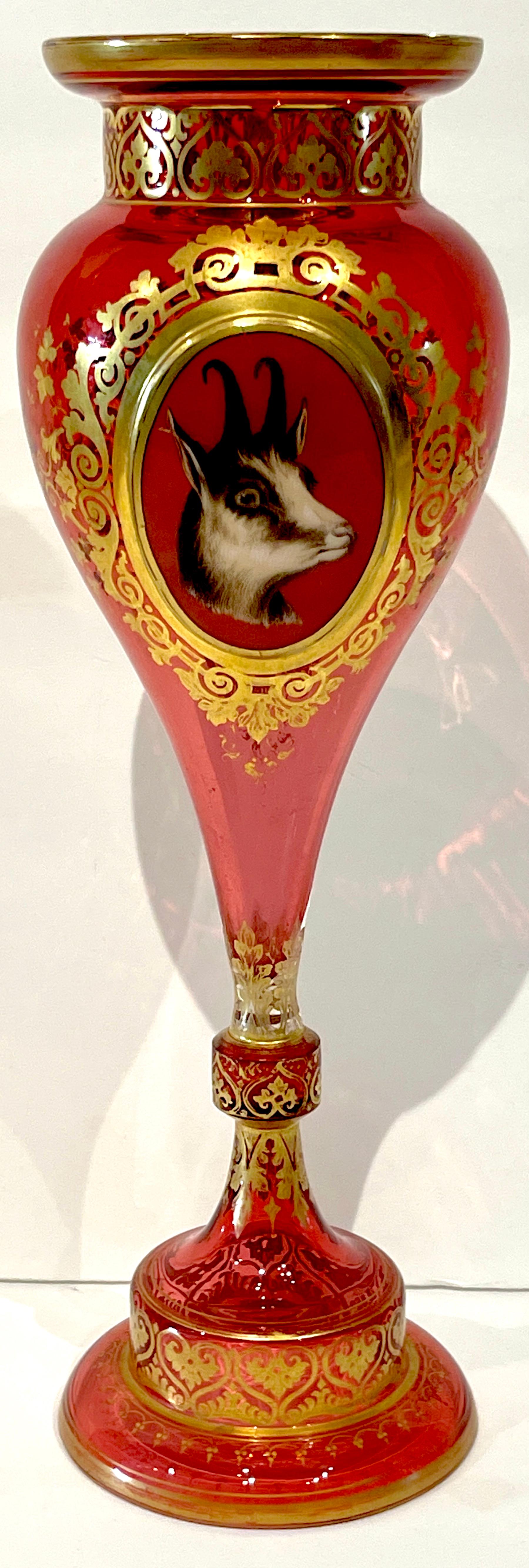 Glass Moser Cranberry, Gilt & Enameled 'Whippet & Goat' Portrait Vase For Sale