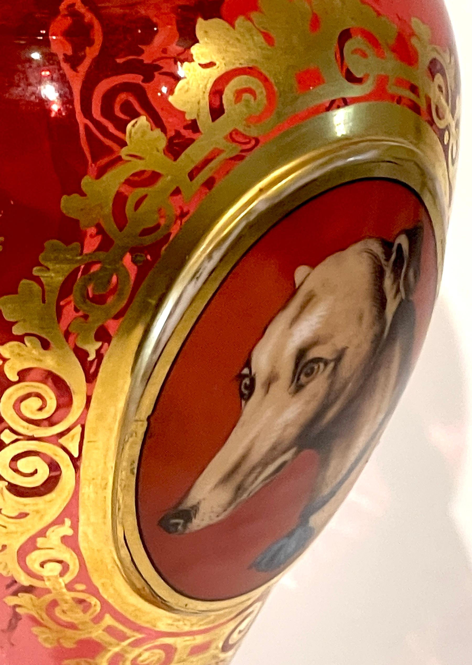 Moser Cranberry, Gilt & Enameled 'Whippet & Goat' Portrait Vase For Sale 9