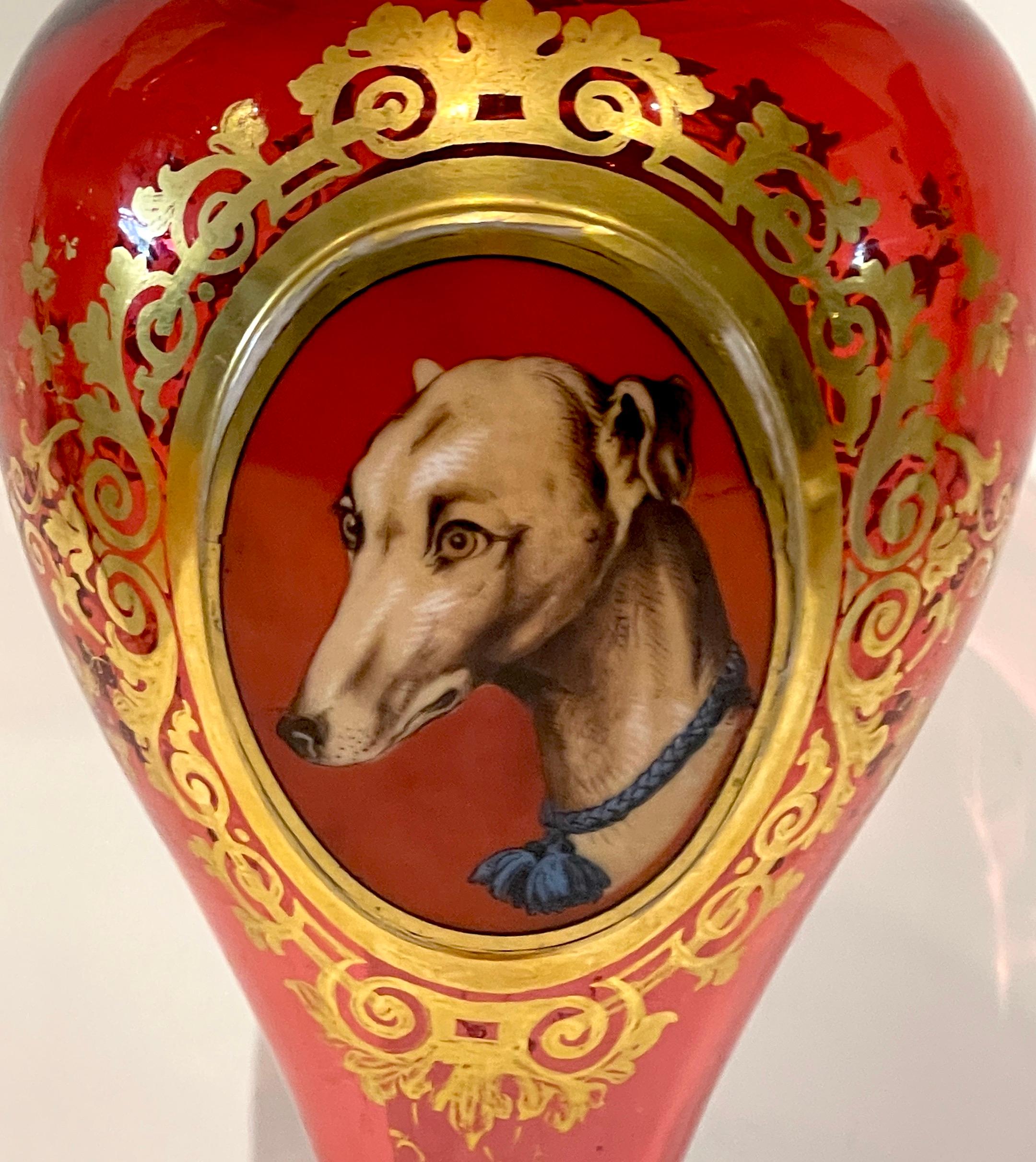 High Victorian Moser Cranberry, Gilt & Enameled 'Whippet & Goat' Portrait Vase For Sale