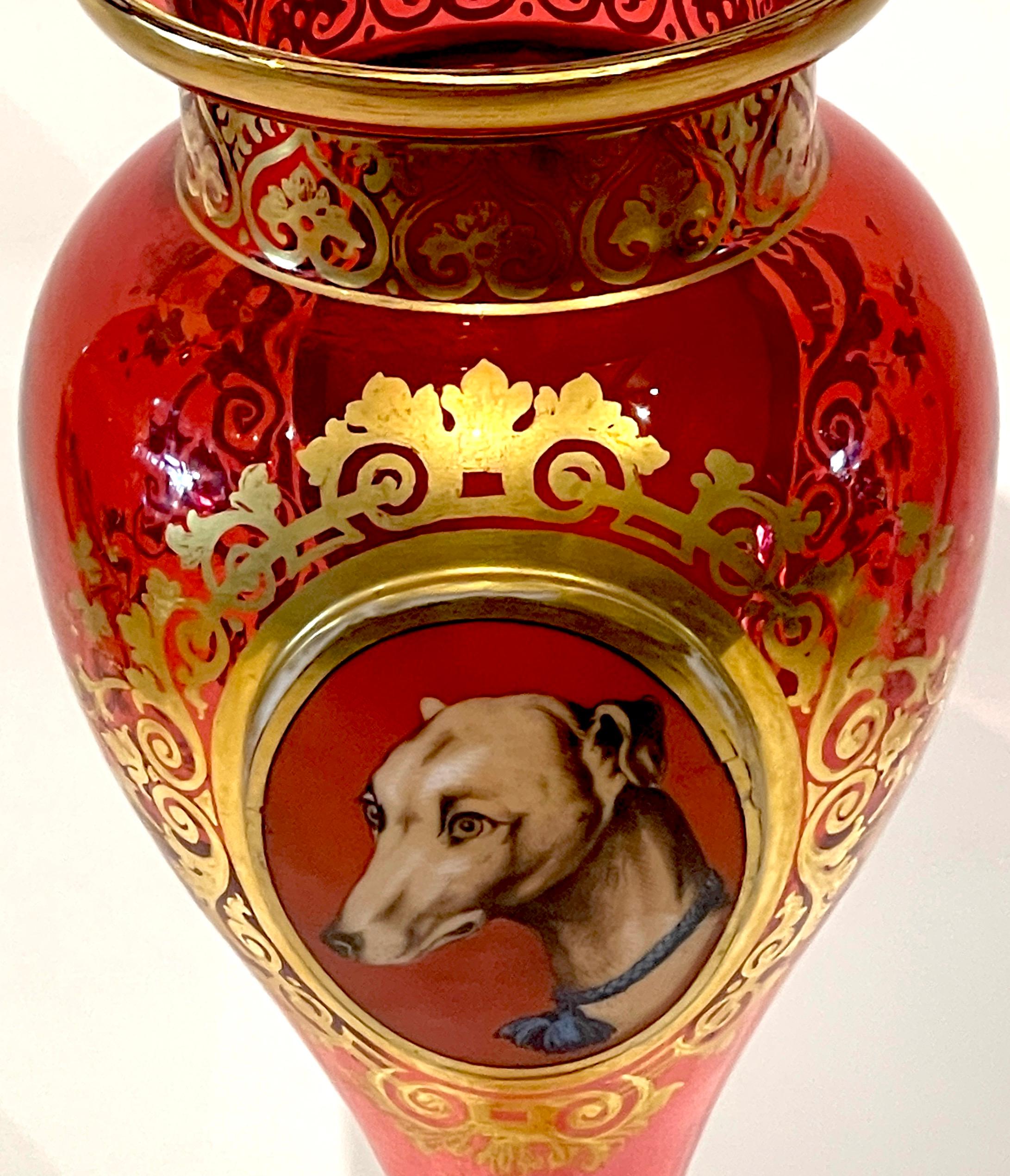 Czech Moser Cranberry, Gilt & Enameled 'Whippet & Goat' Portrait Vase For Sale
