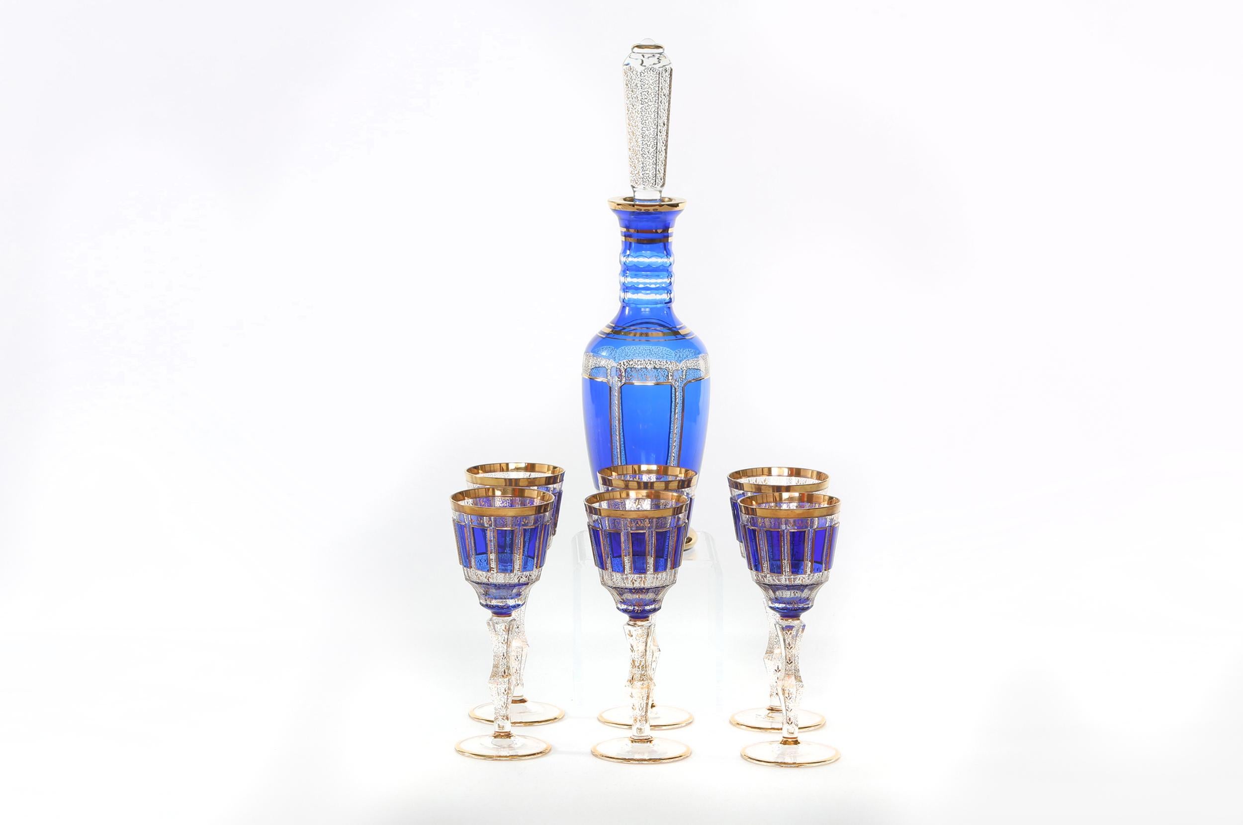 Moser crystal barware or tableware Bohemian hand blown panel cut cobalt blue with gold design details wine glassware with decanter service for six people. Each glass is in great vintage condition. Minor wear consistent with age or use. Each glass