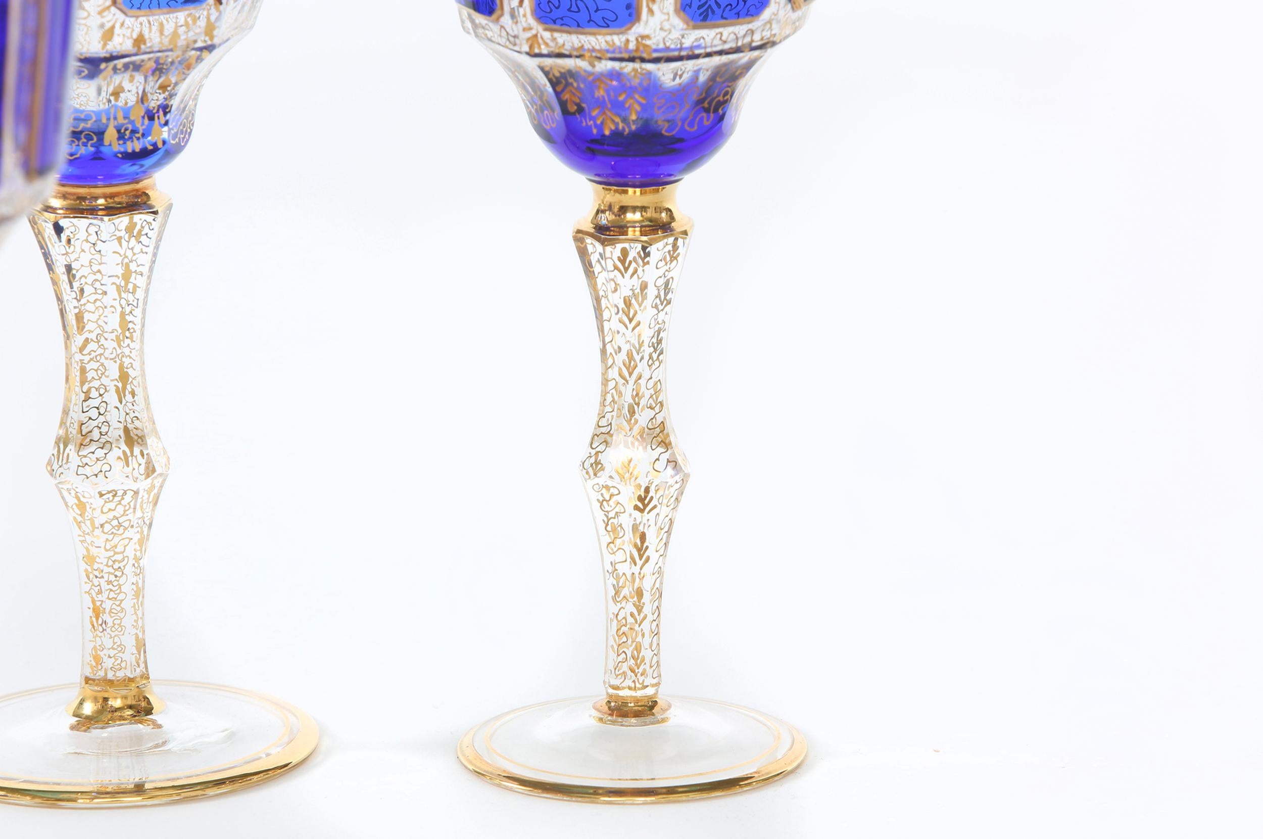 European Moser Crystal Panel Cut Cobalt / Gold Wine Service