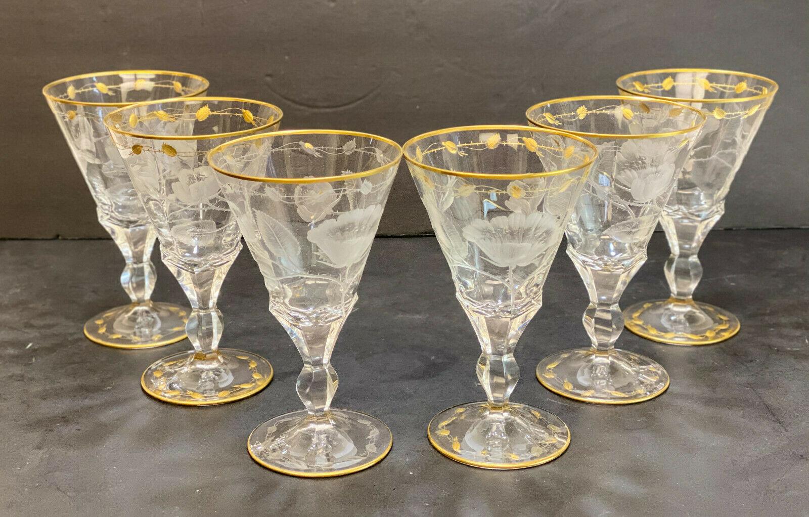 Moser Cut Glass and Gilt Drink-Ware Service Goblets in Paula Service for 6 In Good Condition For Sale In Pasadena, CA