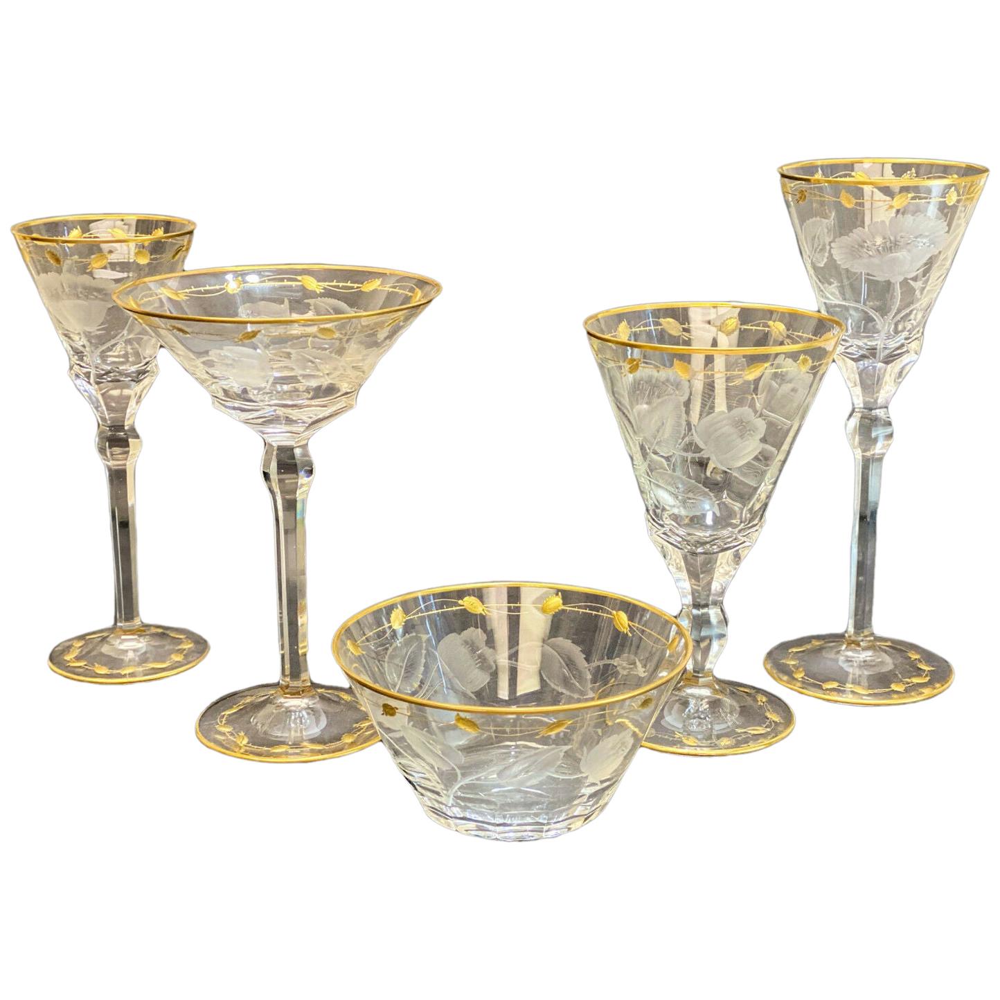 Moser Cut Glass and Gilt Drink-Ware Service Goblets in Paula Service for 6 For Sale