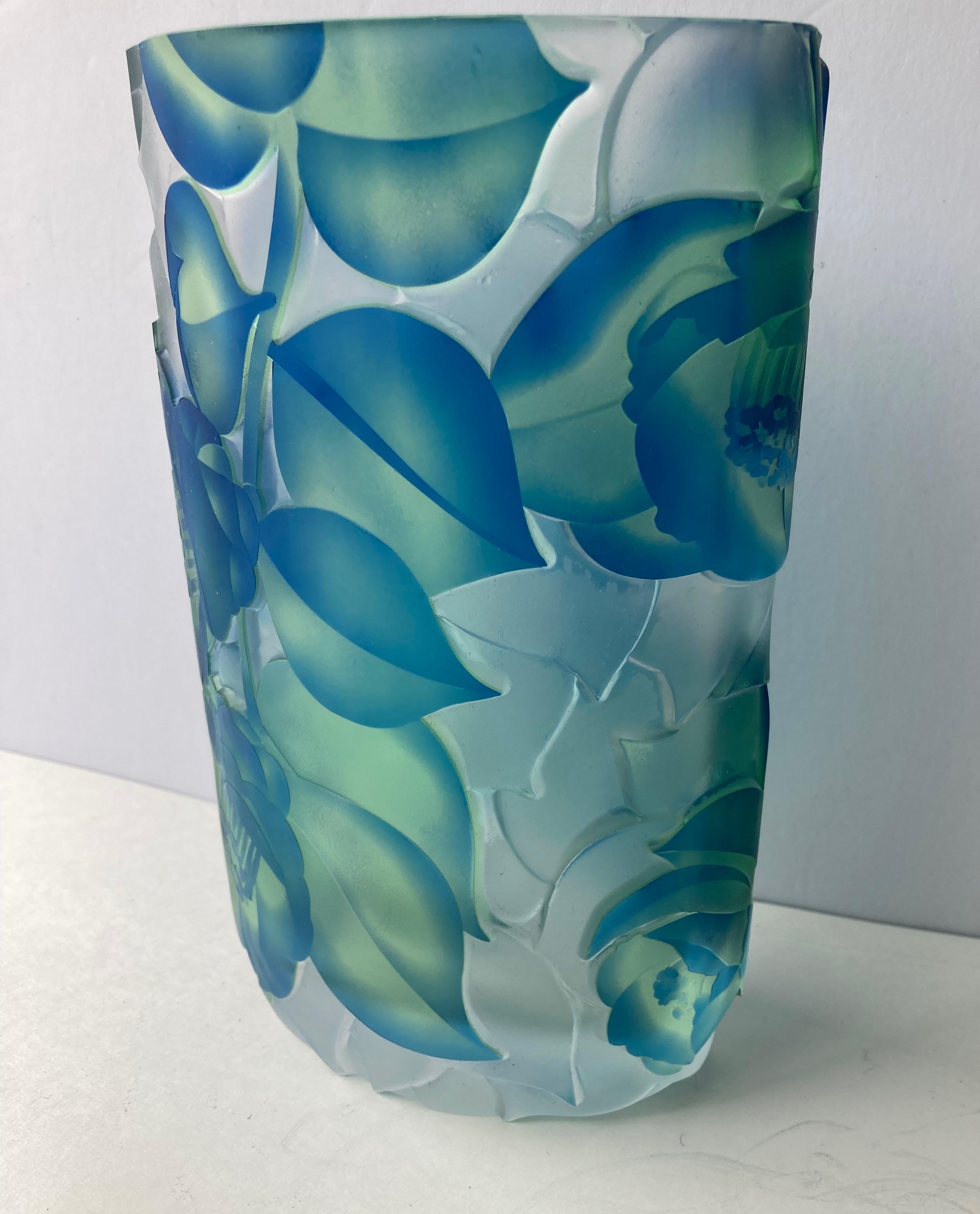 Amazing heavy cut work in this beautiful Moser vase. Sand blasted signature in bottom and plastic label in front. Moser. Czech Republic. Nice glossy and satin finish.