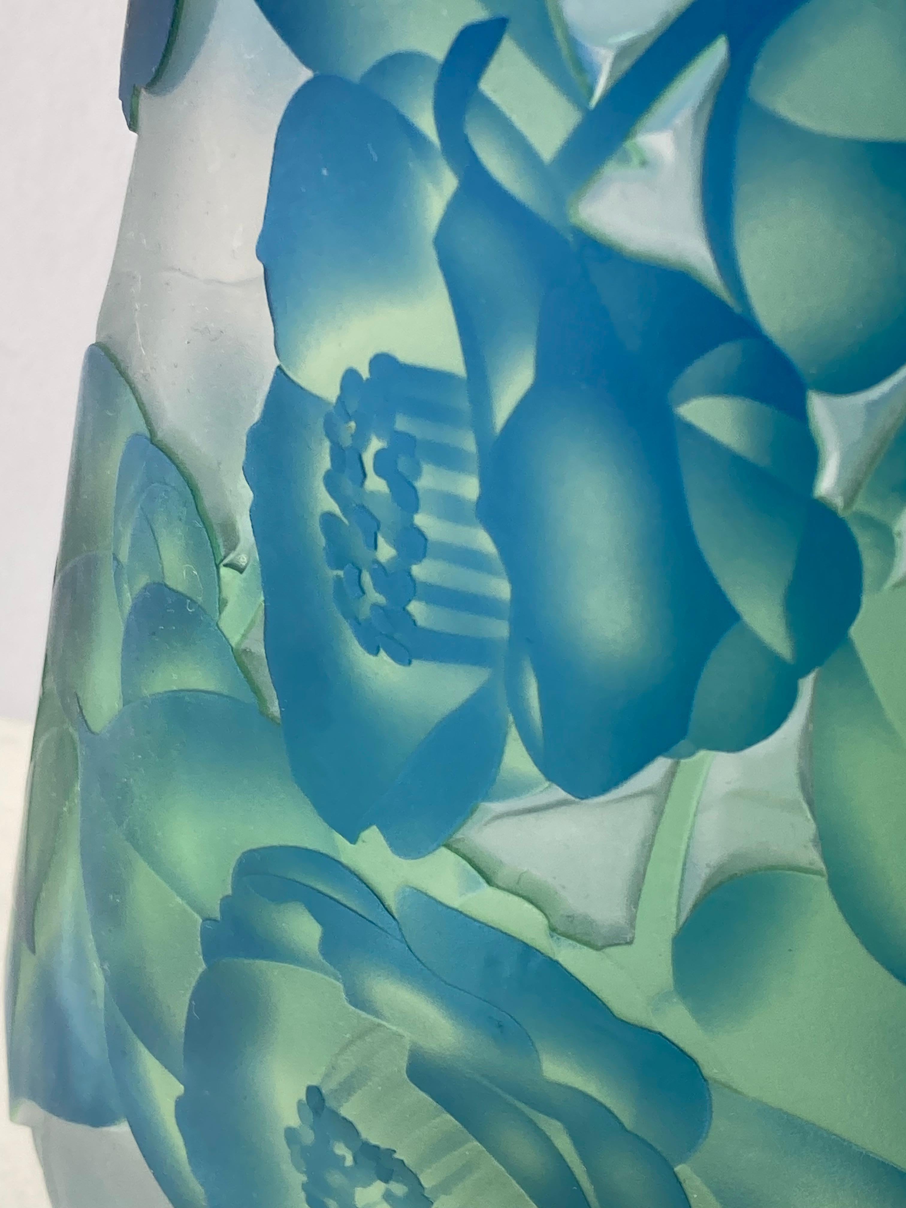 Post-Modern Moser, Czech, Heavy Intaglio Cut Glass, Flower, Glossy and Satin Vase, Signed For Sale