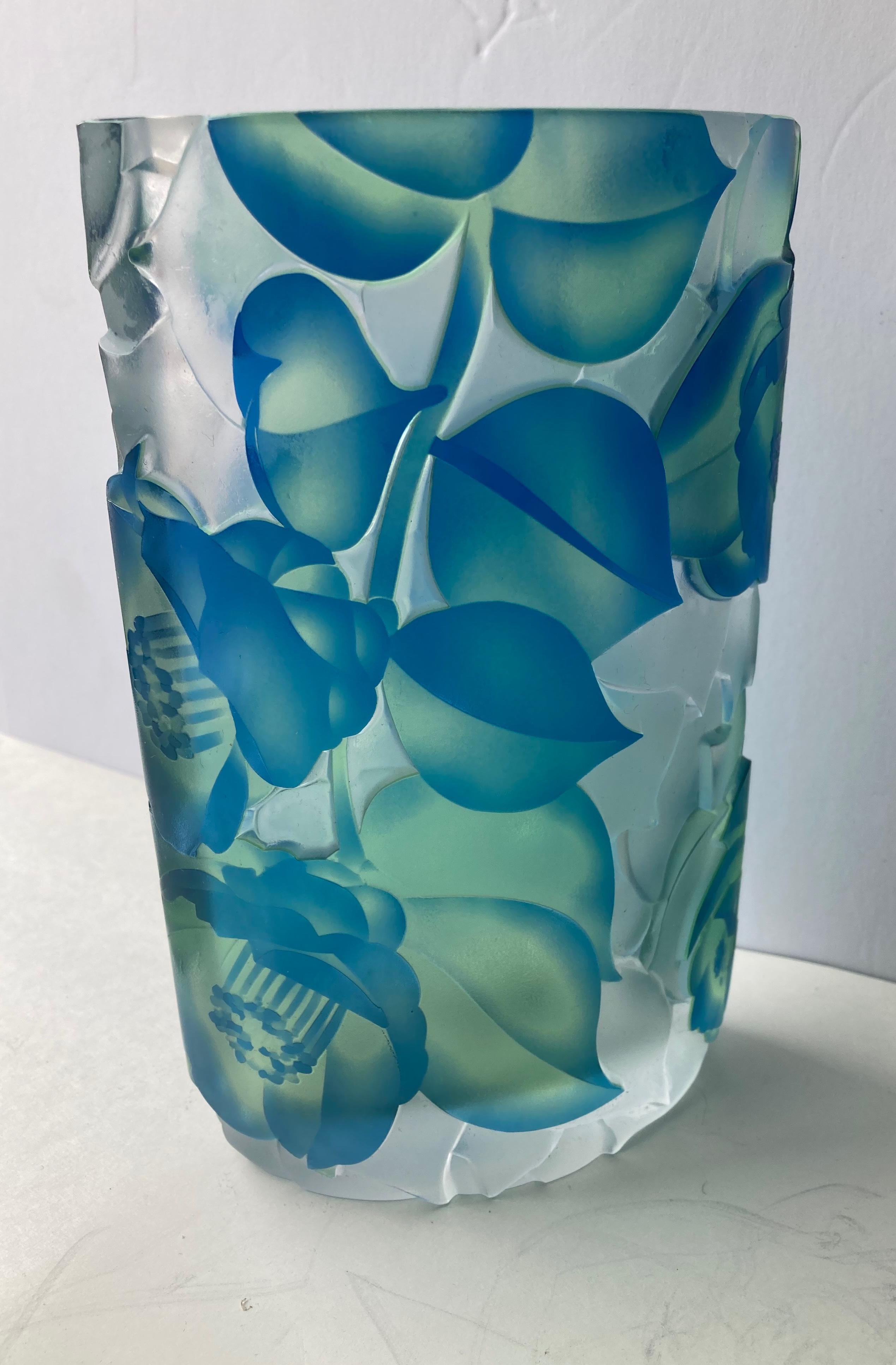 Hand-Crafted Moser, Czech, Heavy Intaglio Cut Glass, Flower, Glossy and Satin Vase, Signed For Sale