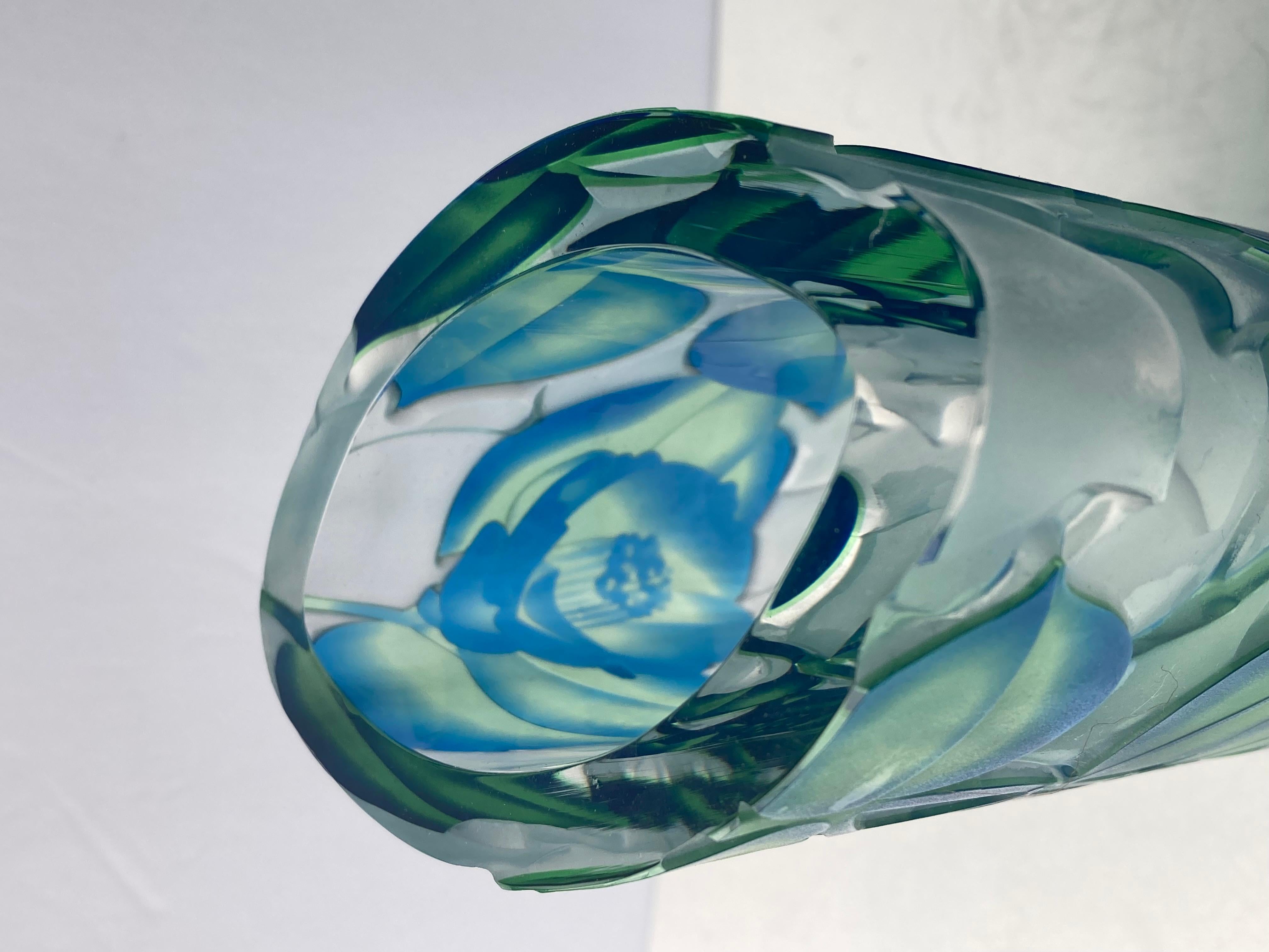 Late 20th Century Moser, Czech, Heavy Intaglio Cut Glass, Flower, Glossy and Satin Vase, Signed For Sale