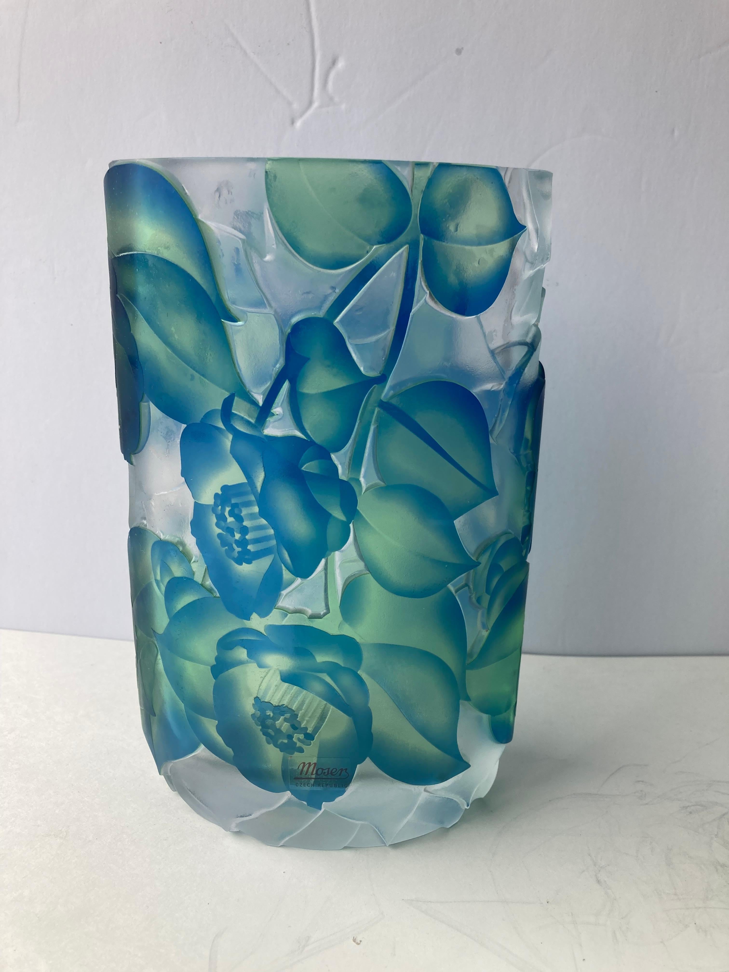 Art Glass Moser, Czech, Heavy Intaglio Cut Glass, Flower, Glossy and Satin Vase, Signed For Sale