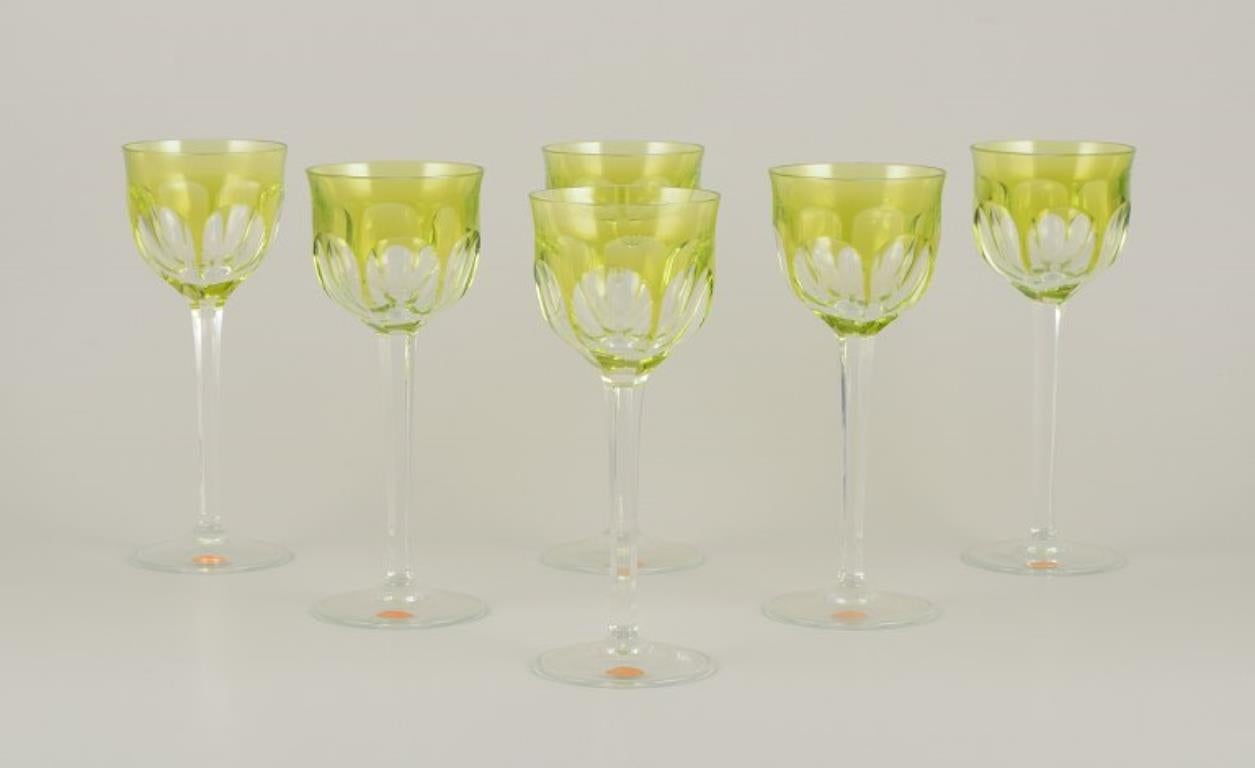 Moser, Czech Republic.
A set of six tall white wine glasses in clear and light-green glass.
Faceted, mouth-blown.
Approximately 1940s.
Label and mark.
Perfect condition.
Dimensions: H 19.8 cm. x D 7.8 cm.