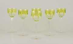 Moser, Czech Republic. Six tall white wine glasses in clear and green glass