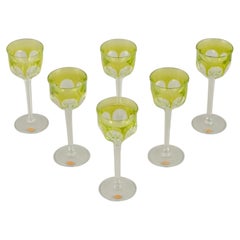 Moser, Czech Republic. Six tall white wine glasses in clear and green glass