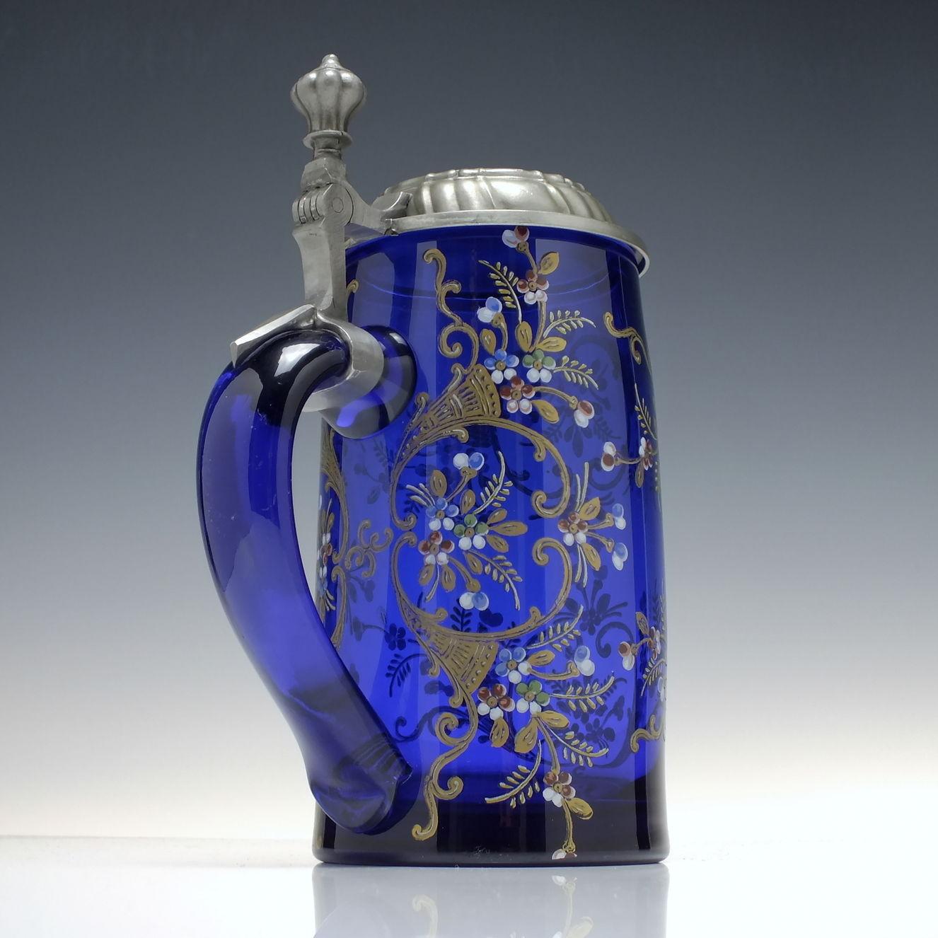 Blown Glass Moser Enamelled and Gilded 19th Century Blue Glass Beer Stein c1880