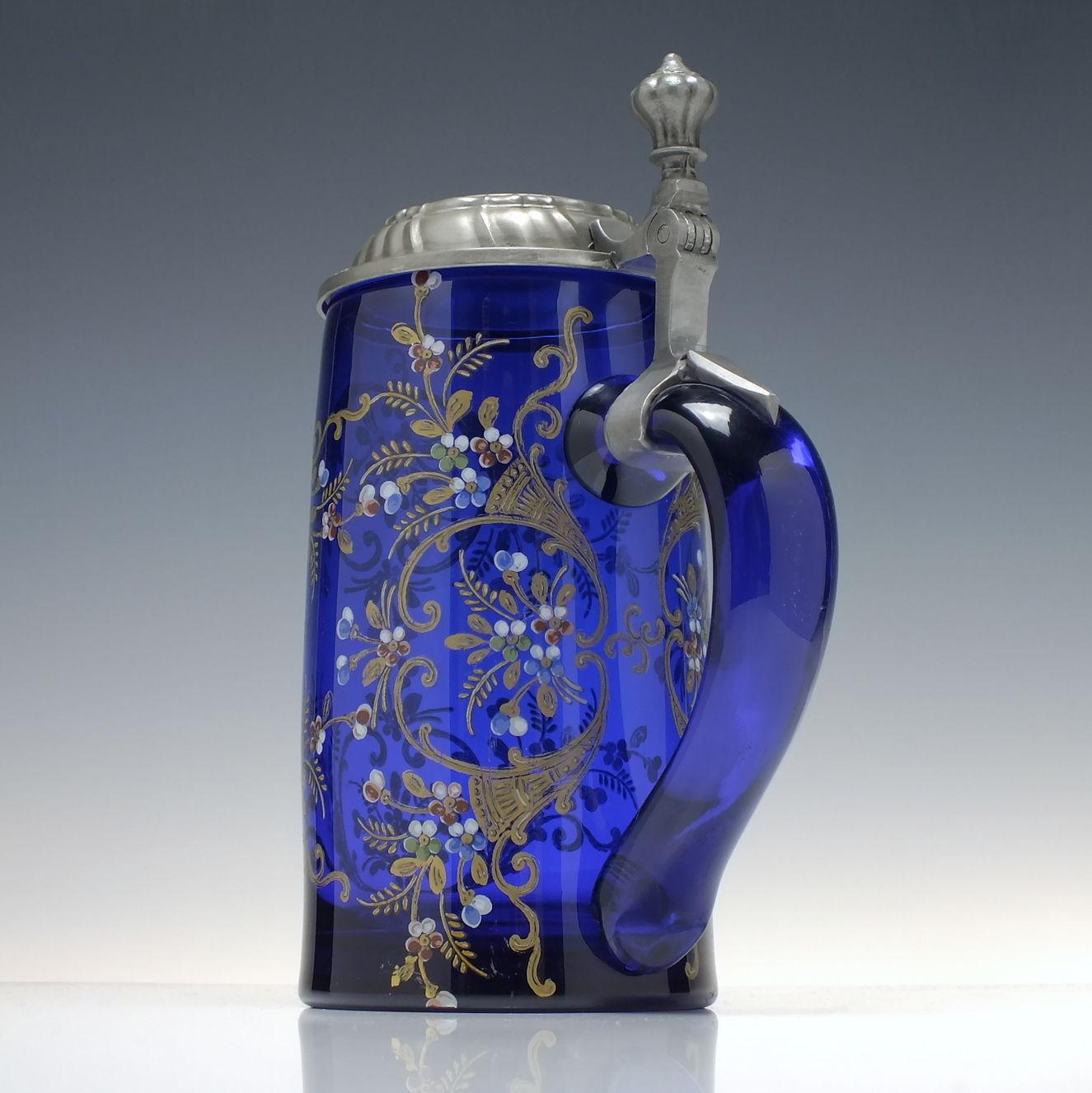 Moser Enamelled and Gilded 19th Century Blue Glass Beer Stein c1880 1