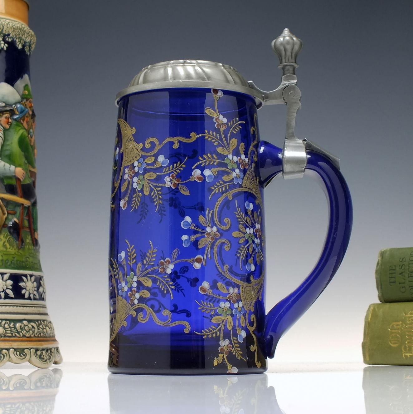 Moser Enamelled and Gilded 19th Century Blue Glass Beer Stein c1880 2