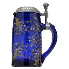 Antique Moser Enamelled and Gilded 19th Century Blue Glass Beer Stein c1880