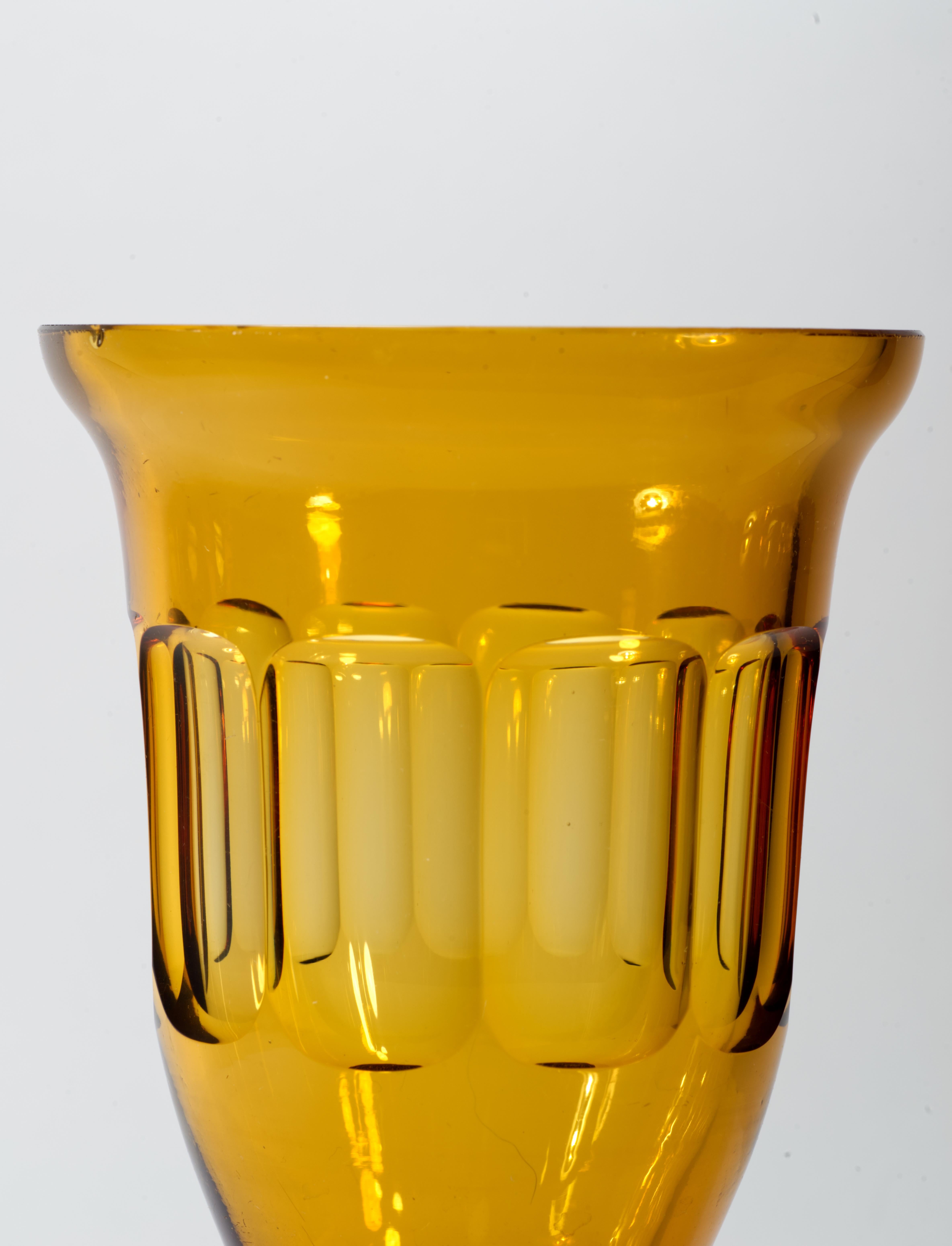 Art Nouveau Moser Fipop Vase in Topaz Glass with Gold Decor, Glows in UV, 1920s For Sale