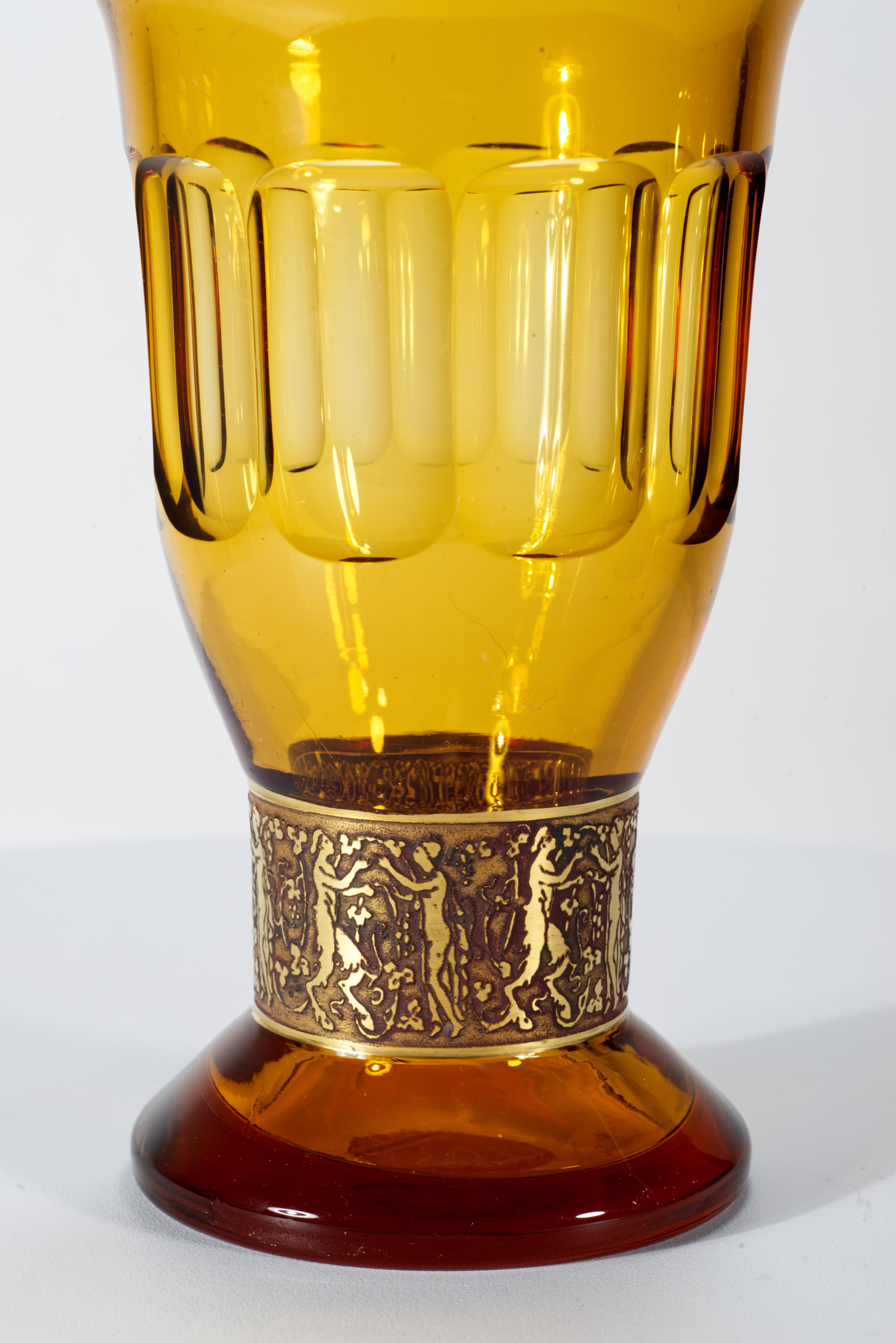 Czech Moser Fipop Vase in Topaz Glass with Gold Decor, Glows in UV, 1920s For Sale