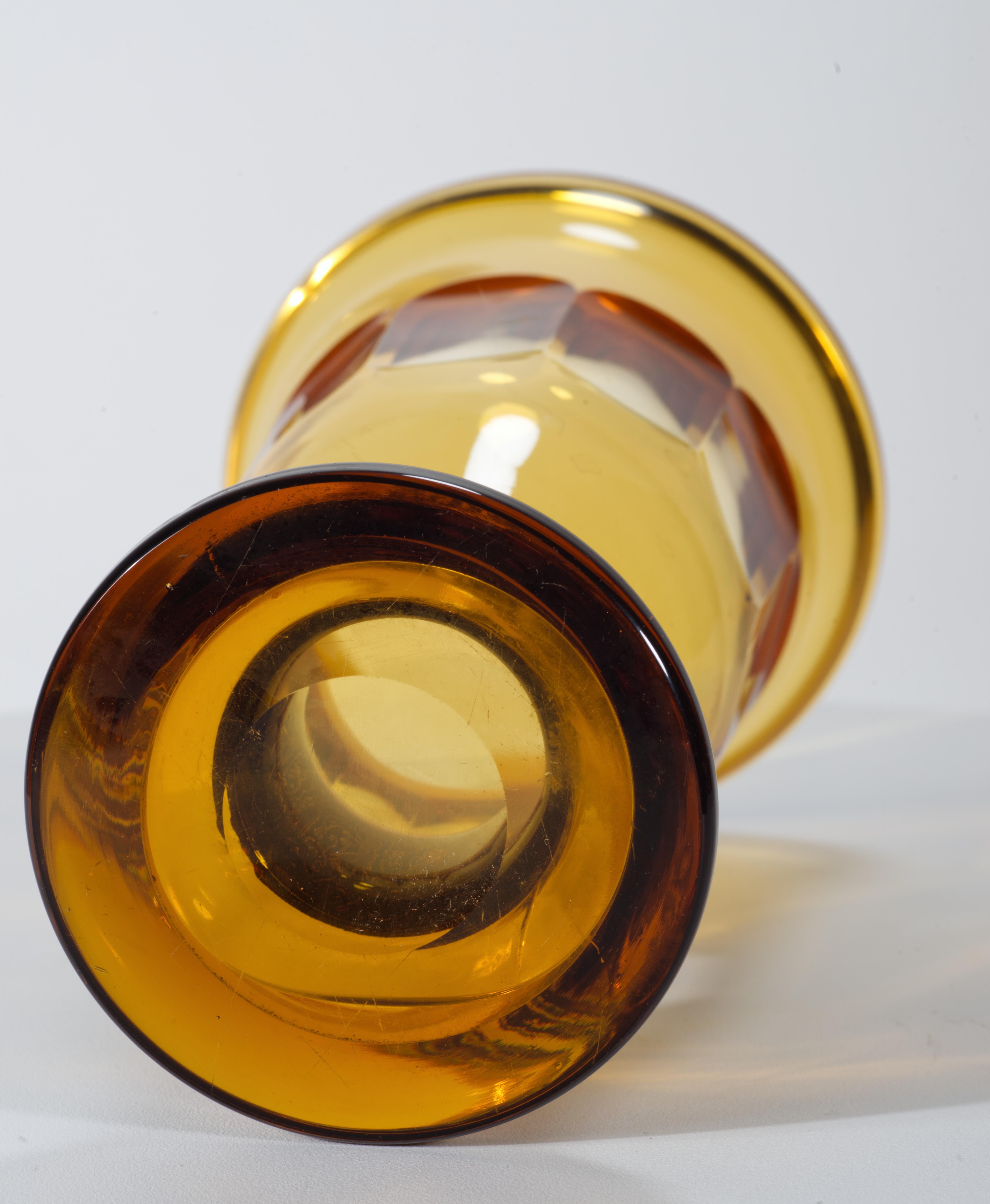 Hand-Crafted Moser Fipop Vase in Topaz Glass with Gold Decor, Glows in UV, 1920s For Sale