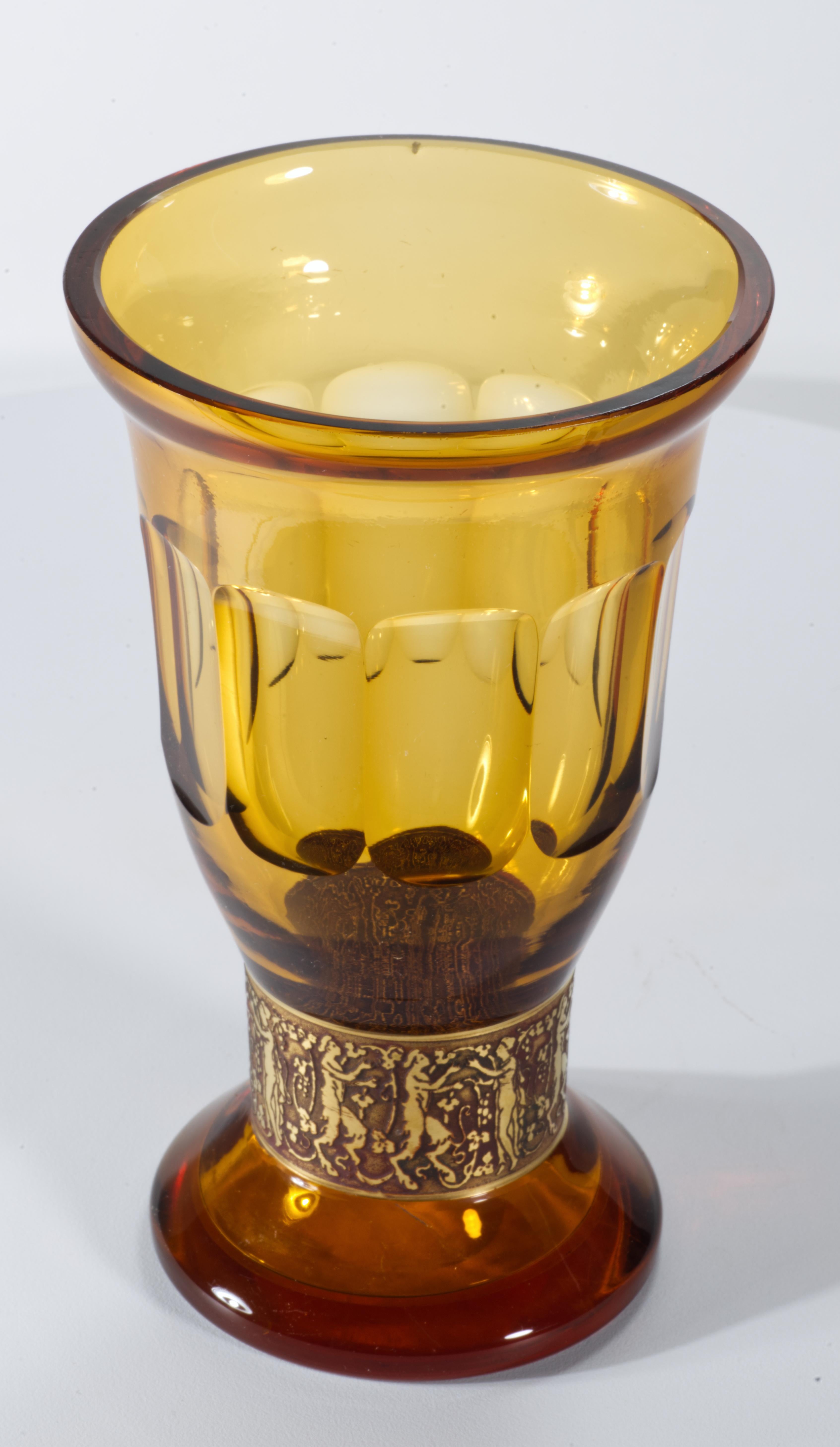 20th Century Moser Fipop Vase in Topaz Glass with Gold Decor, Glows in UV, 1920s For Sale