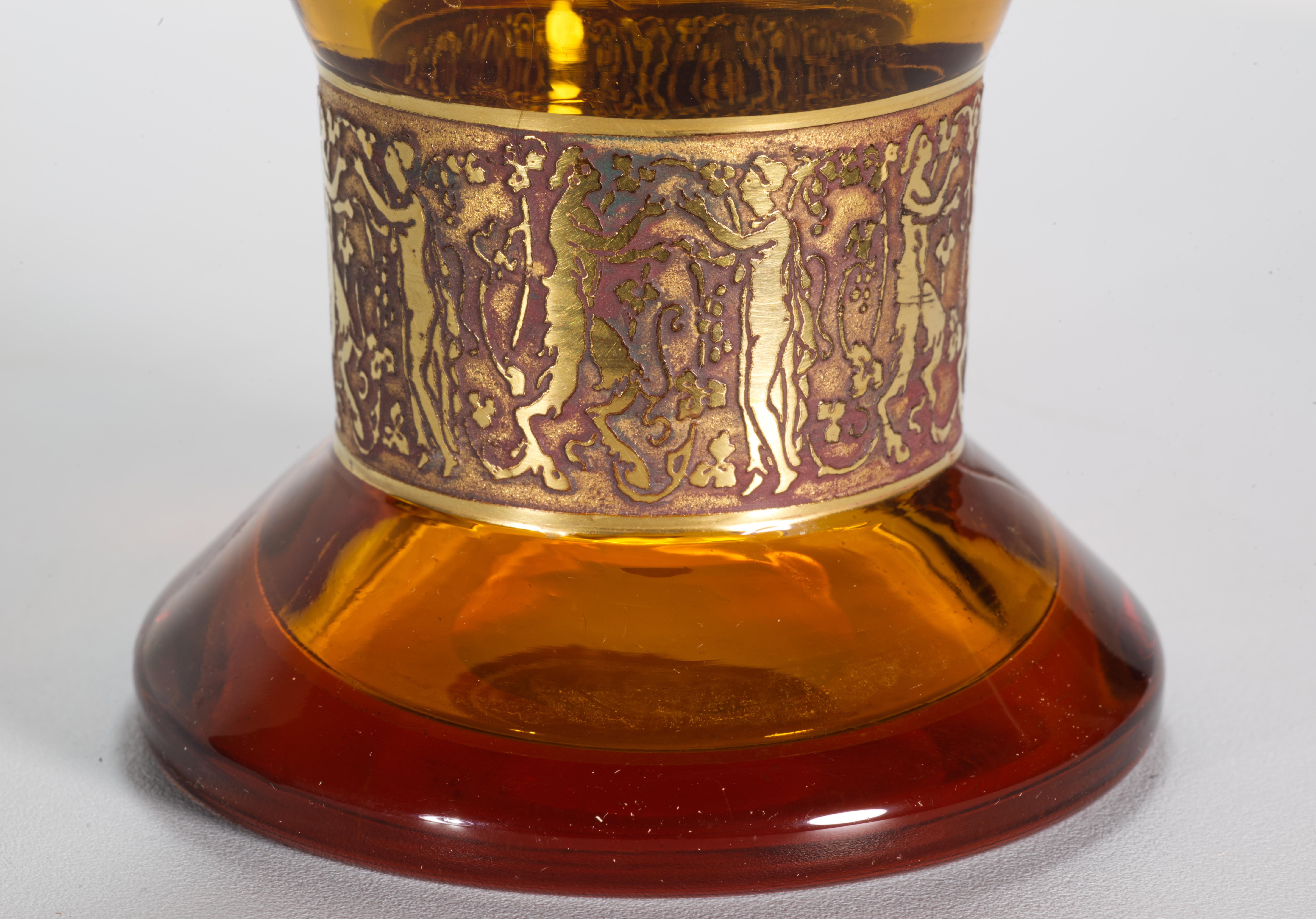 Uranium Glass Moser Fipop Vase in Topaz Glass with Gold Decor, Glows in UV, 1920s For Sale