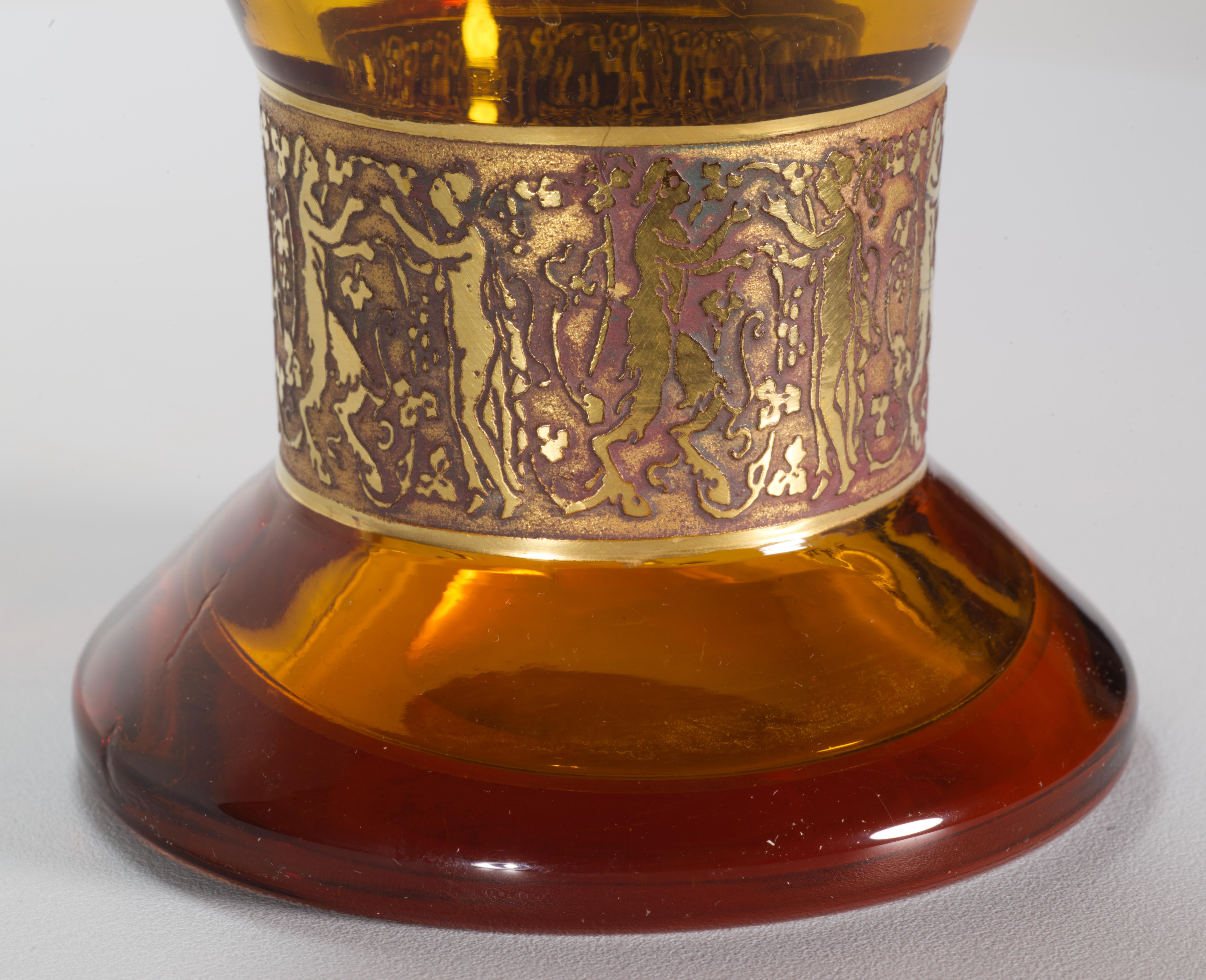 Moser Fipop Vase in Topaz Glass with Gold Decor, Glows in UV, 1920s For Sale 1