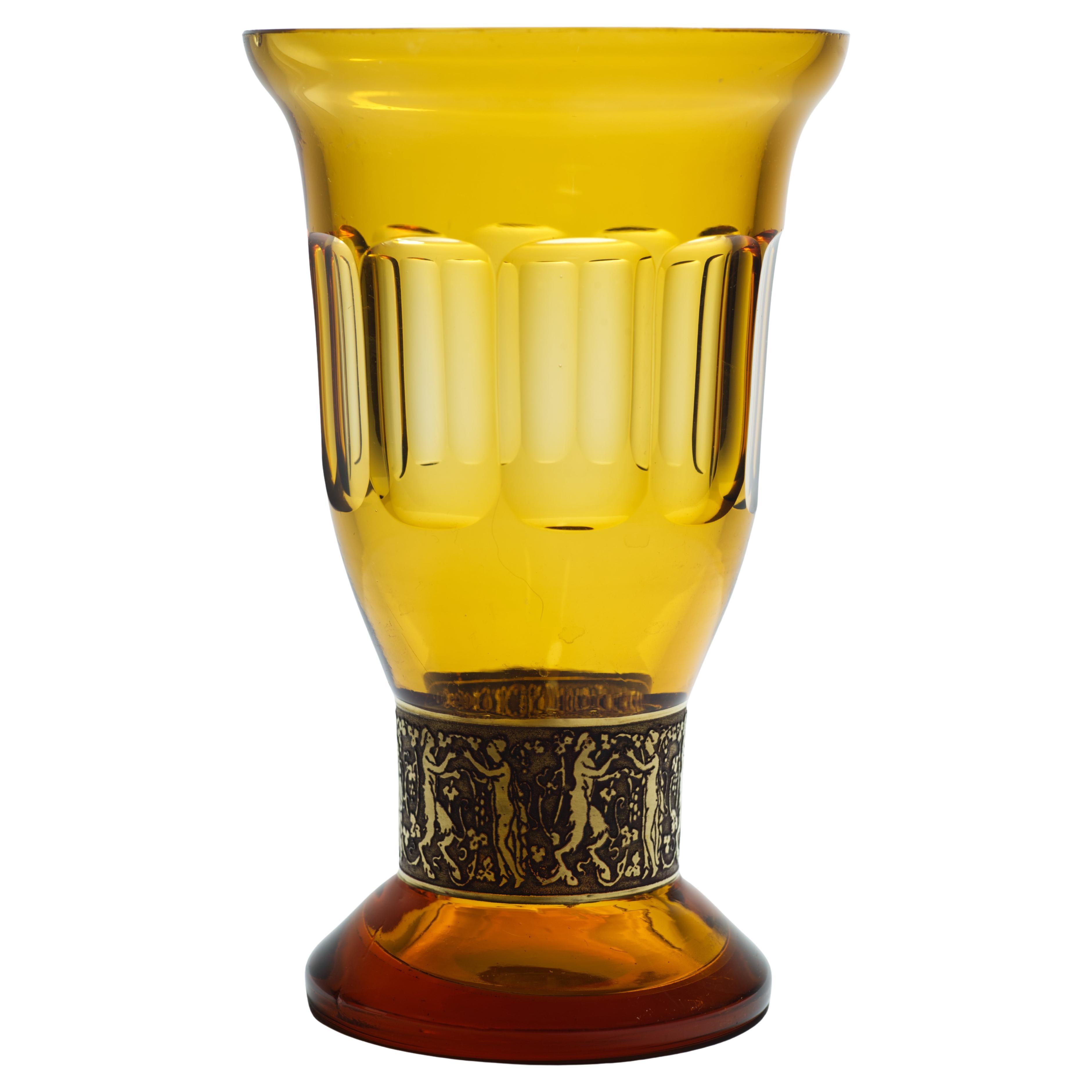 Moser Fipop Vase in Topaz Glass with Gold Decor, Glows in UV, 1920s For Sale