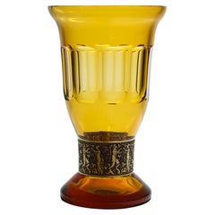 Moser Fipop Vase in Topaz Glass with Gold Decor, Glows in UV, 1920s