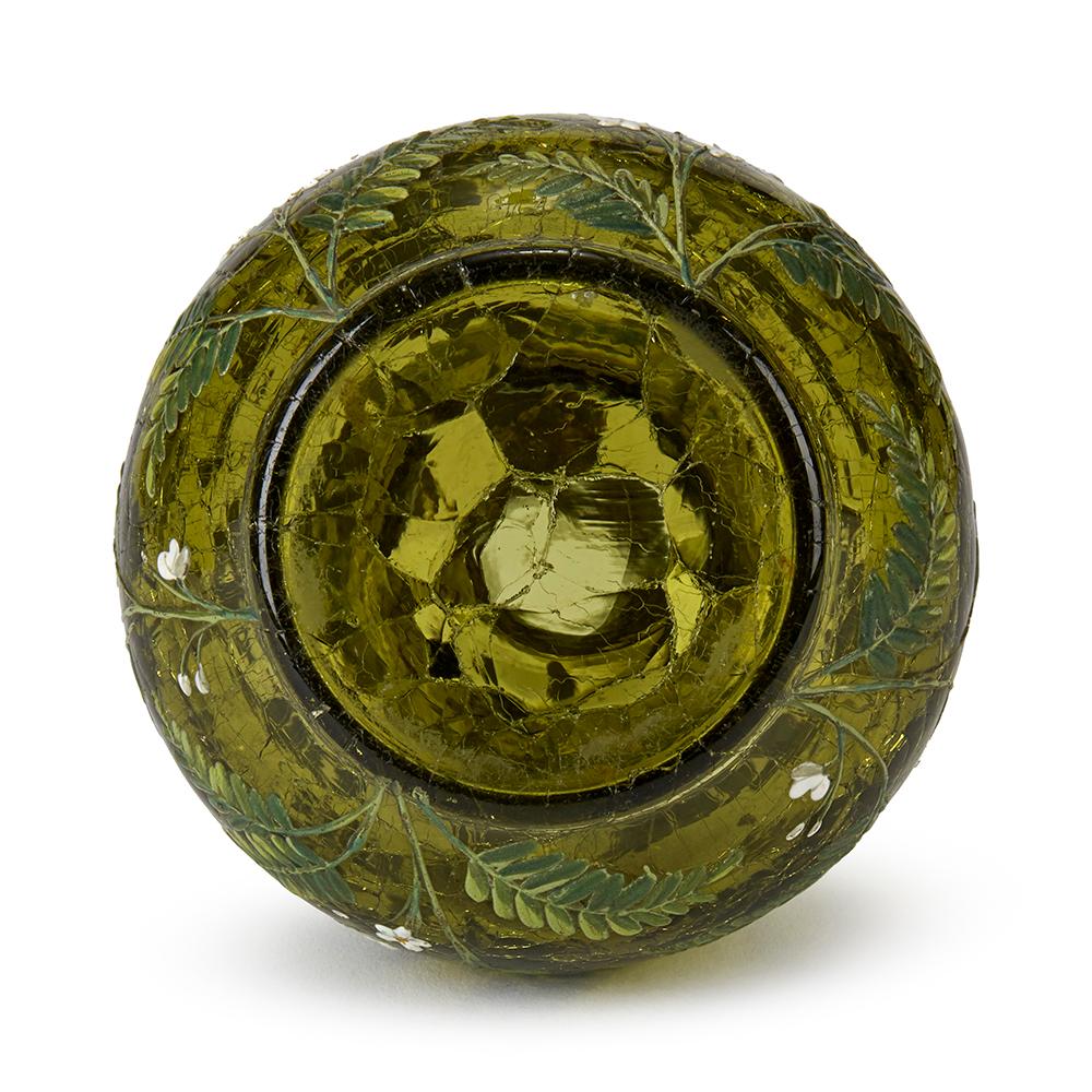 Czech Moser Floral Enameled Green Crackle Glass Vase, 19th Century