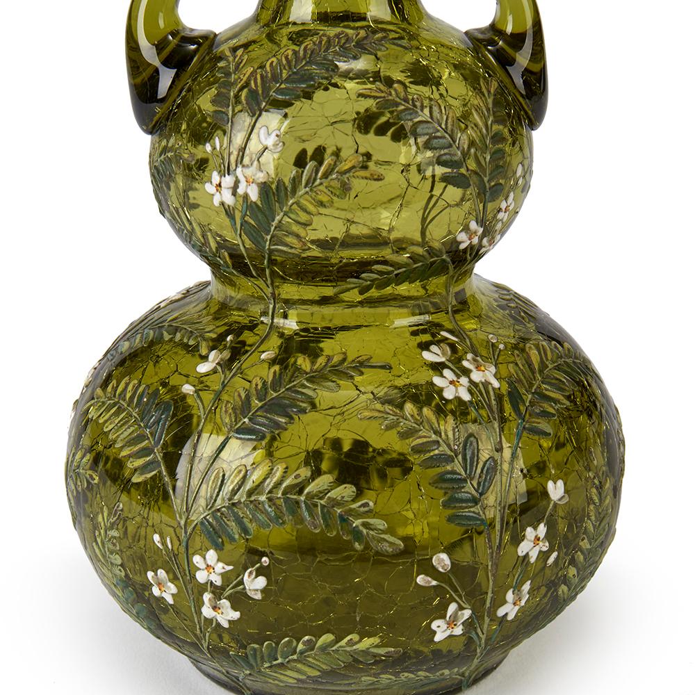 Moser Floral Enameled Green Crackle Glass Vase, 19th Century In Good Condition In Bishop's Stortford, Hertfordshire