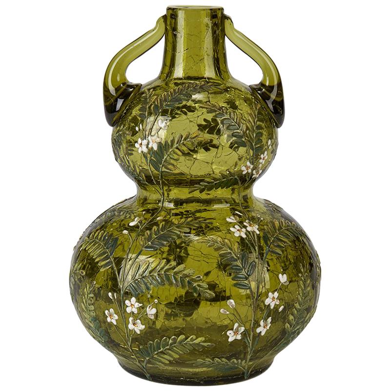 Moser Floral Enameled Green Crackle Glass Vase, 19th Century