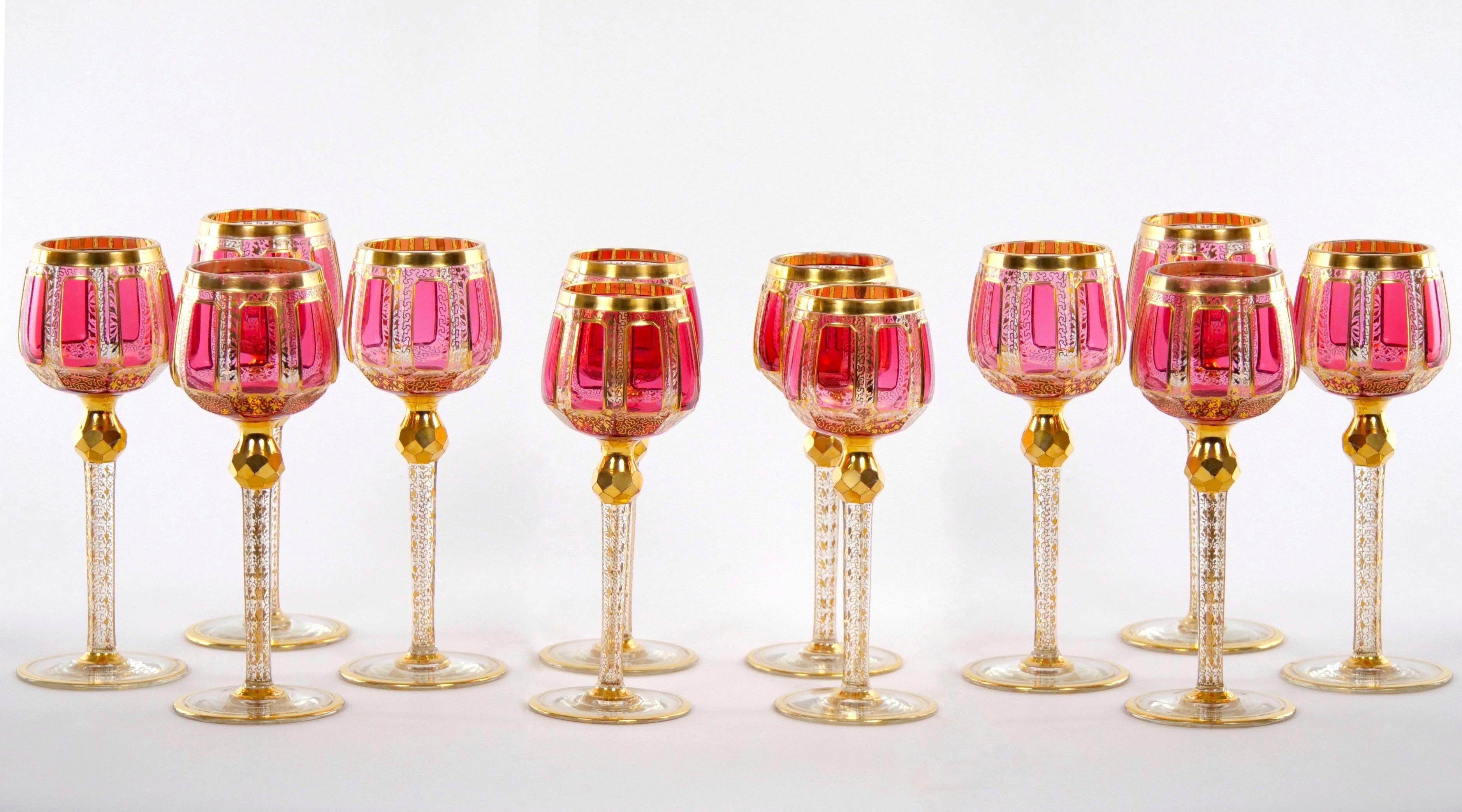 Moser Gilt Gold Enameled Pink Paneled wine Service / 12 People For Sale 11