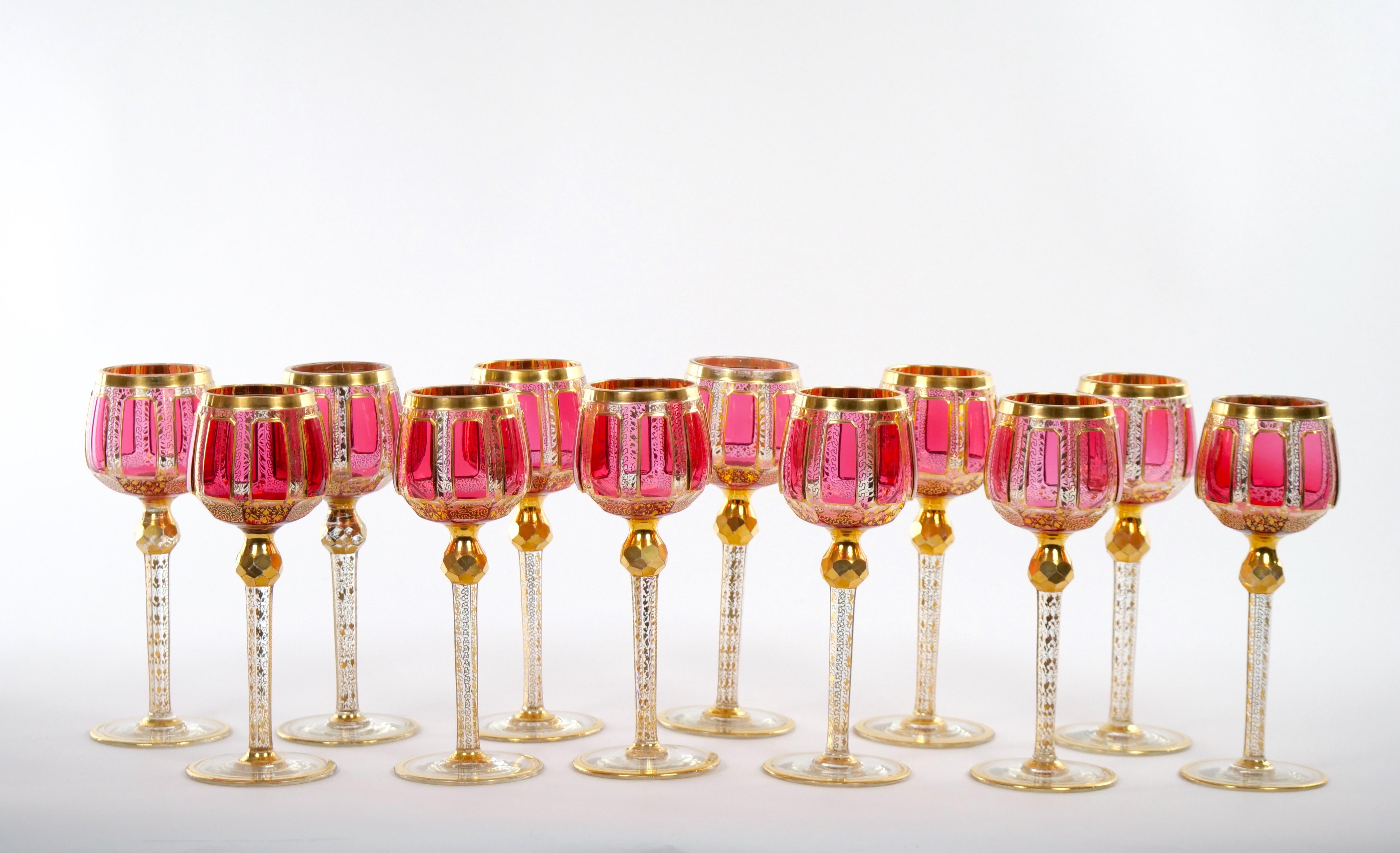 Regency Moser Gilt Gold Enameled Pink Paneled wine Service / 12 People For Sale