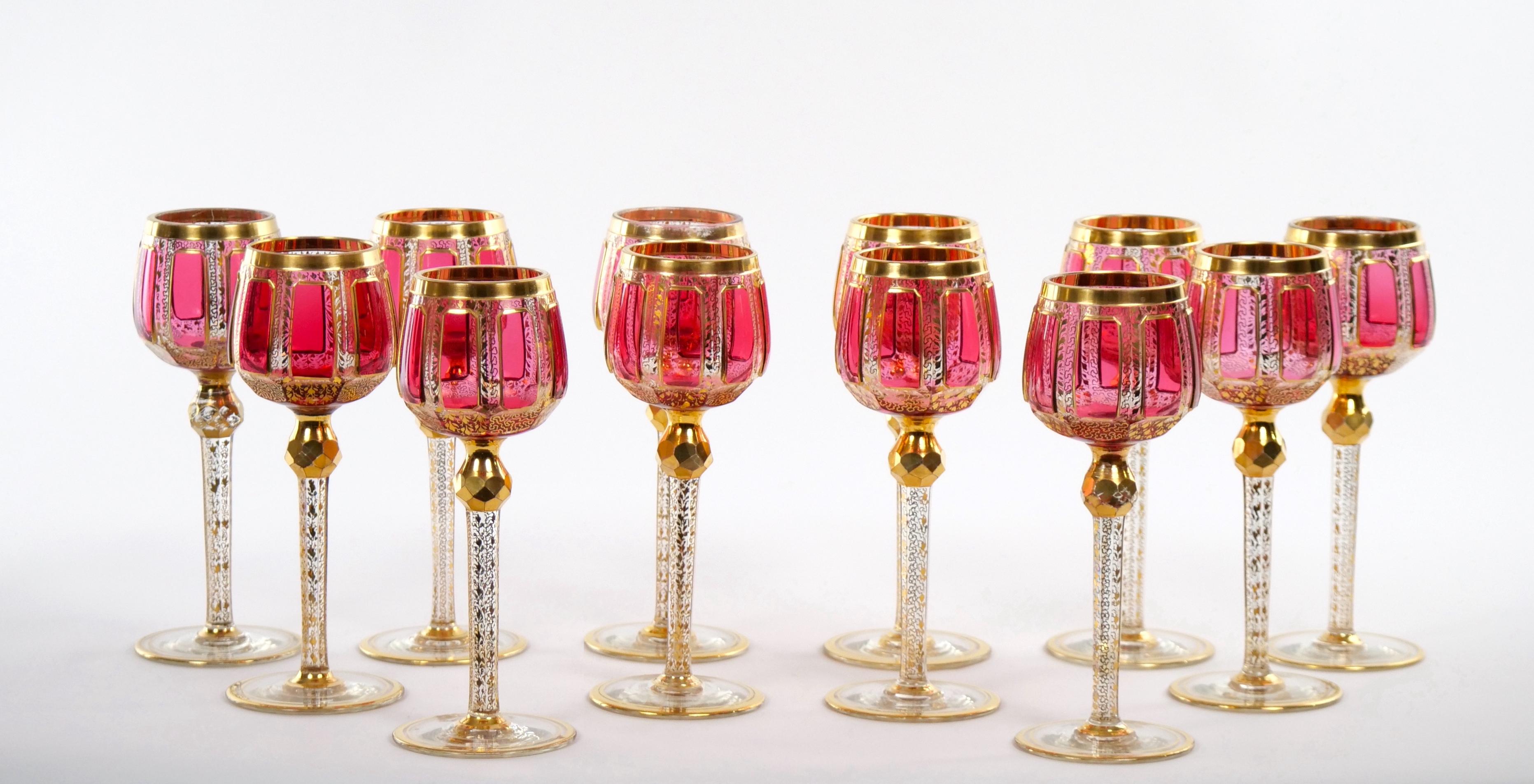Czech Moser Gilt Gold Enameled Pink Paneled wine Service / 12 People For Sale