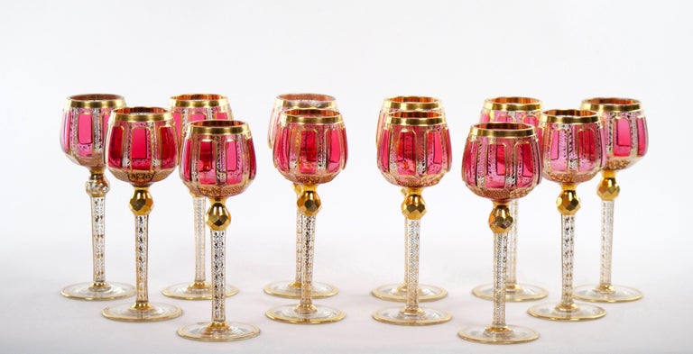 Moser Gilt Gold Enameled Pink Paneled wine Service / 12 People For Sale at  1stDibs