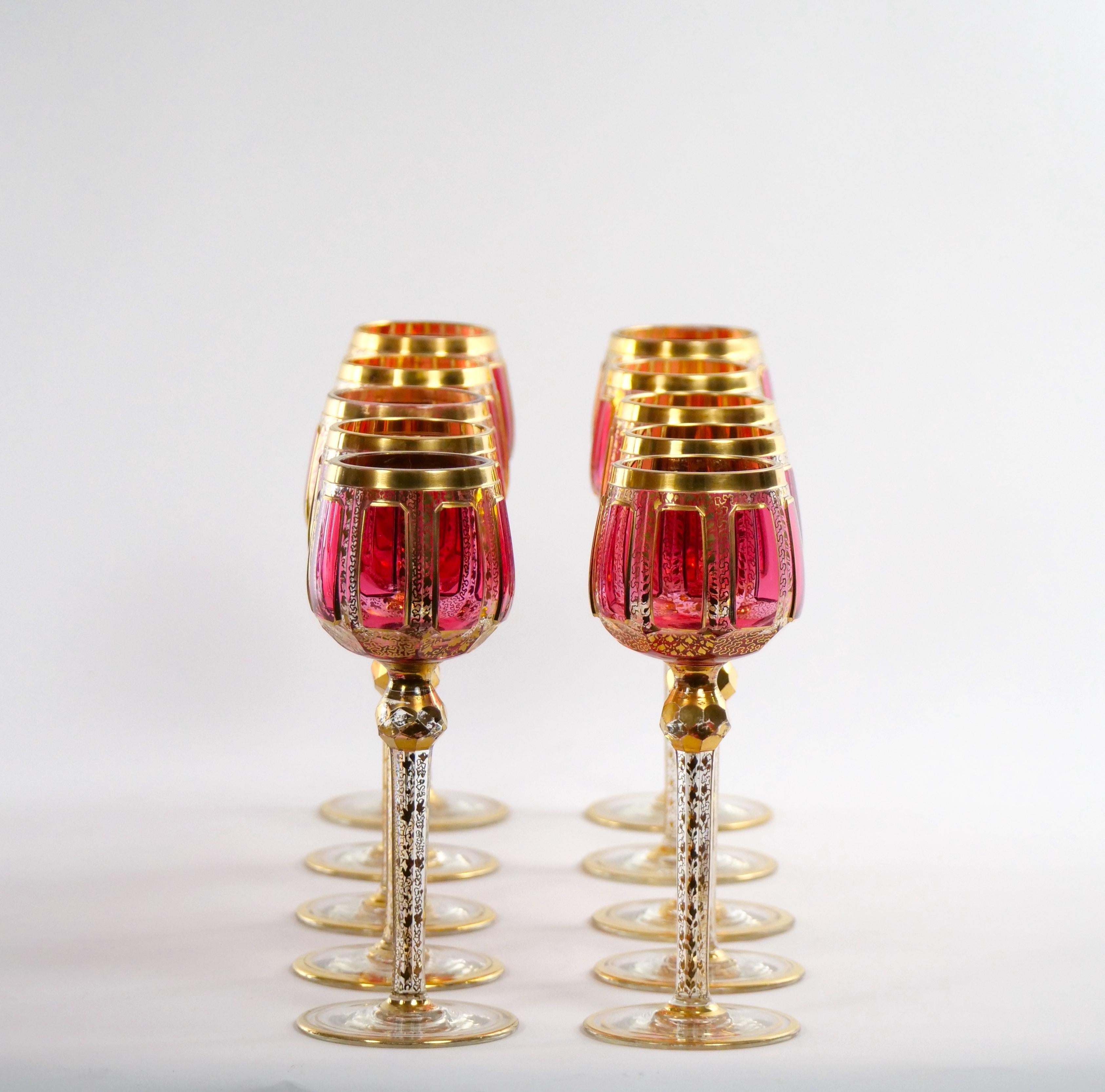 Moser Gilt Gold Enameled Pink Paneled wine Service / 12 People In Good Condition For Sale In Tarry Town, NY