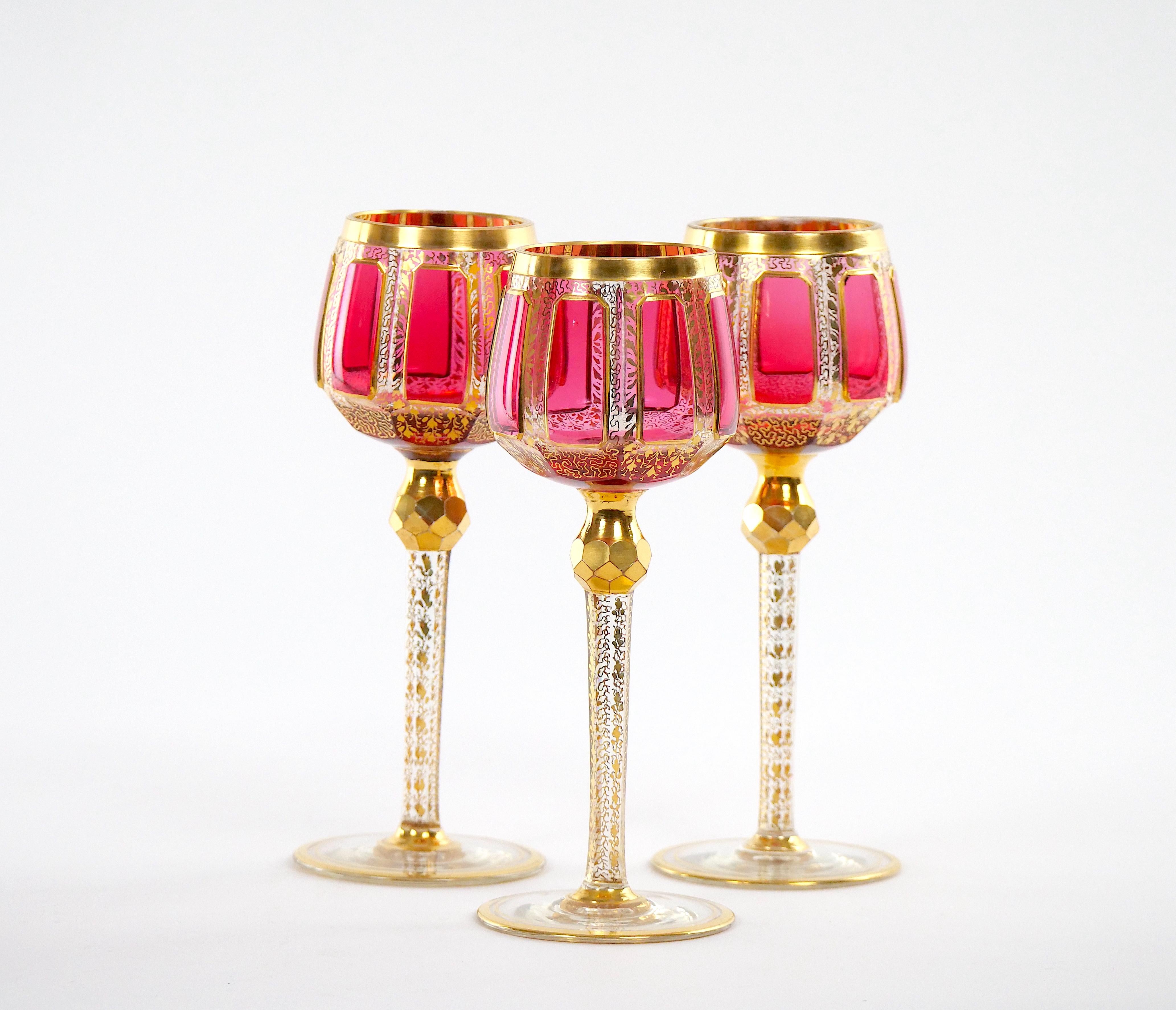 Mid-20th Century Moser Gilt Gold Enameled Pink Paneled wine Service / 12 People For Sale