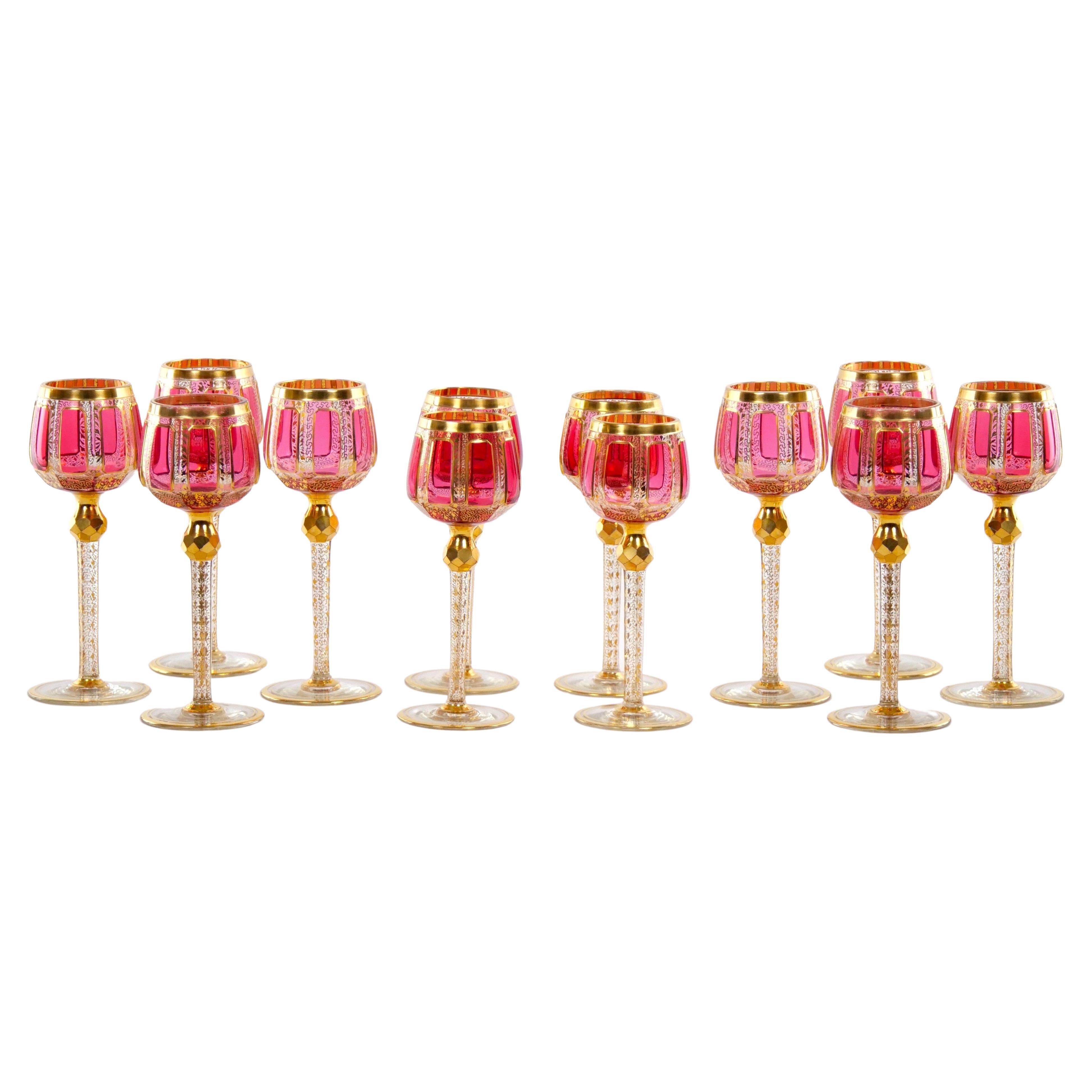 Moser Gilt Gold Enameled Pink Paneled wine Service / 12 People For Sale
