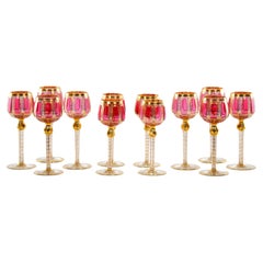 Retro Moser Gilt Gold Enameled Pink Paneled wine Service / 12 People