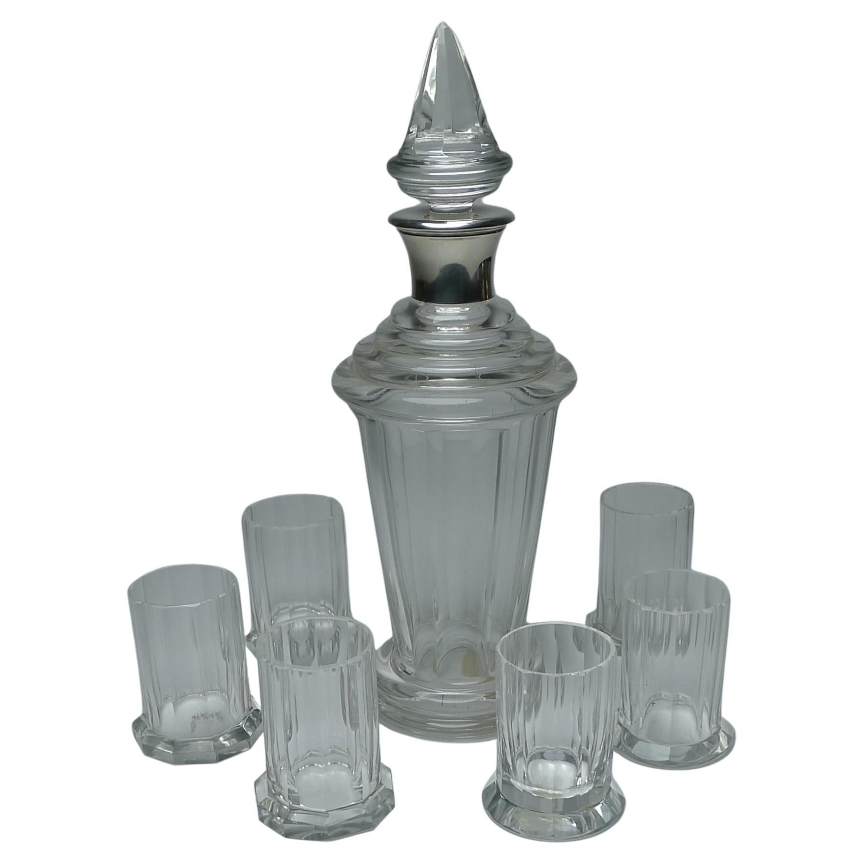 Moser Glass & 800 Silver Liqueur Decanter and Six Shot Glasses For Sale